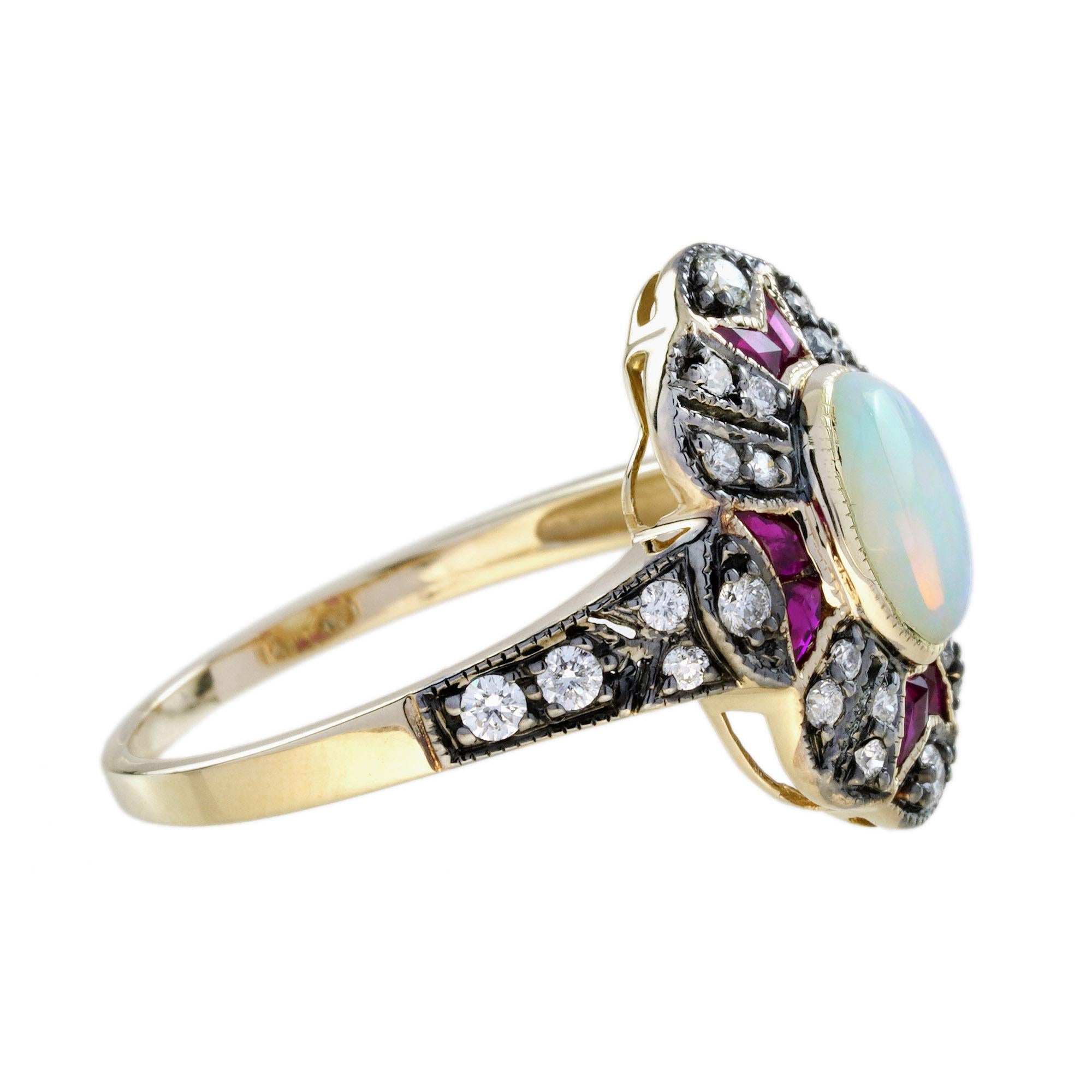Taille ovale Bague en or jaune sertie d'un halo de style Art déco avec opale ovale, rubis et diamants en vente