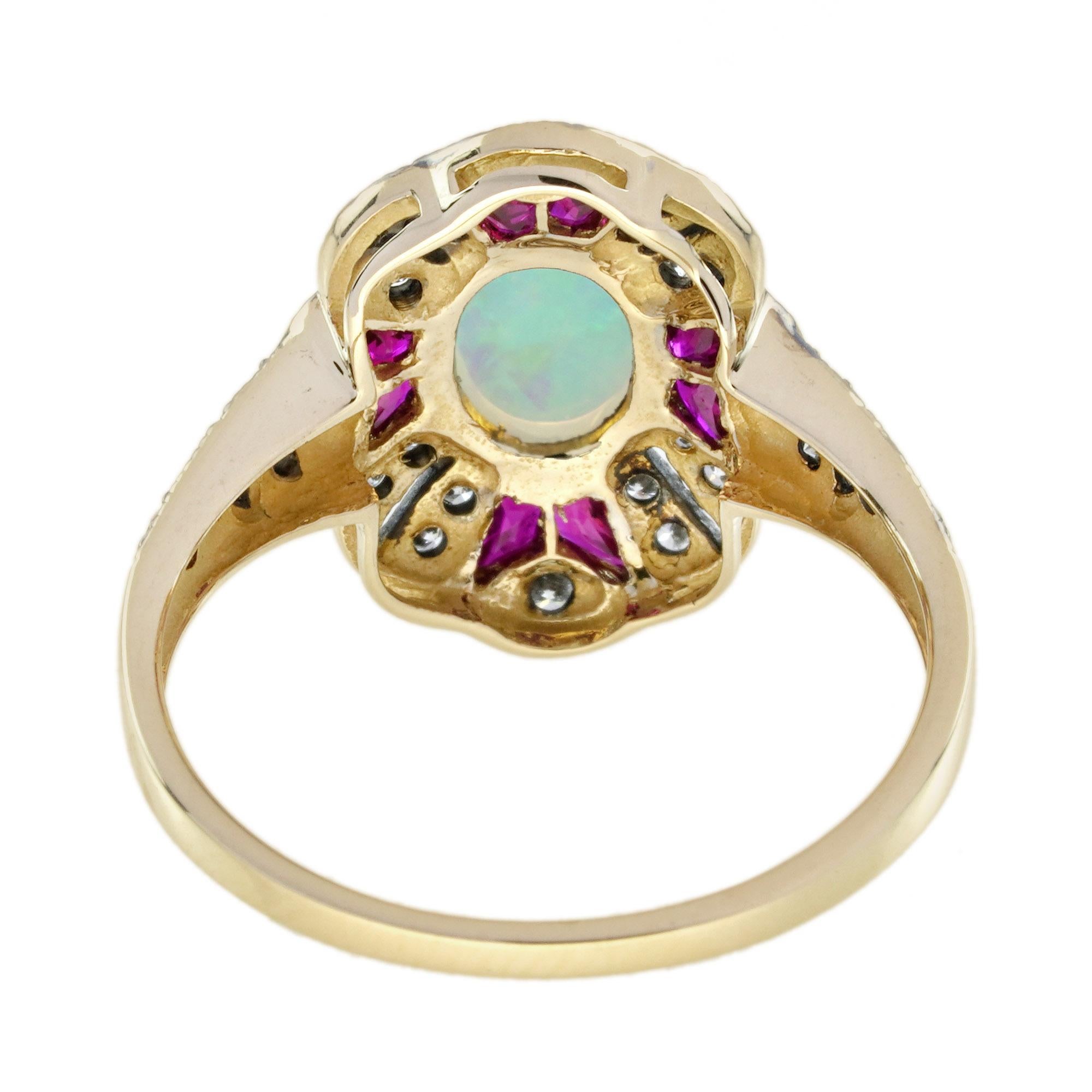 Bague en or jaune sertie d'un halo de style Art déco avec opale ovale, rubis et diamants Neuf - En vente à Oakton, VA