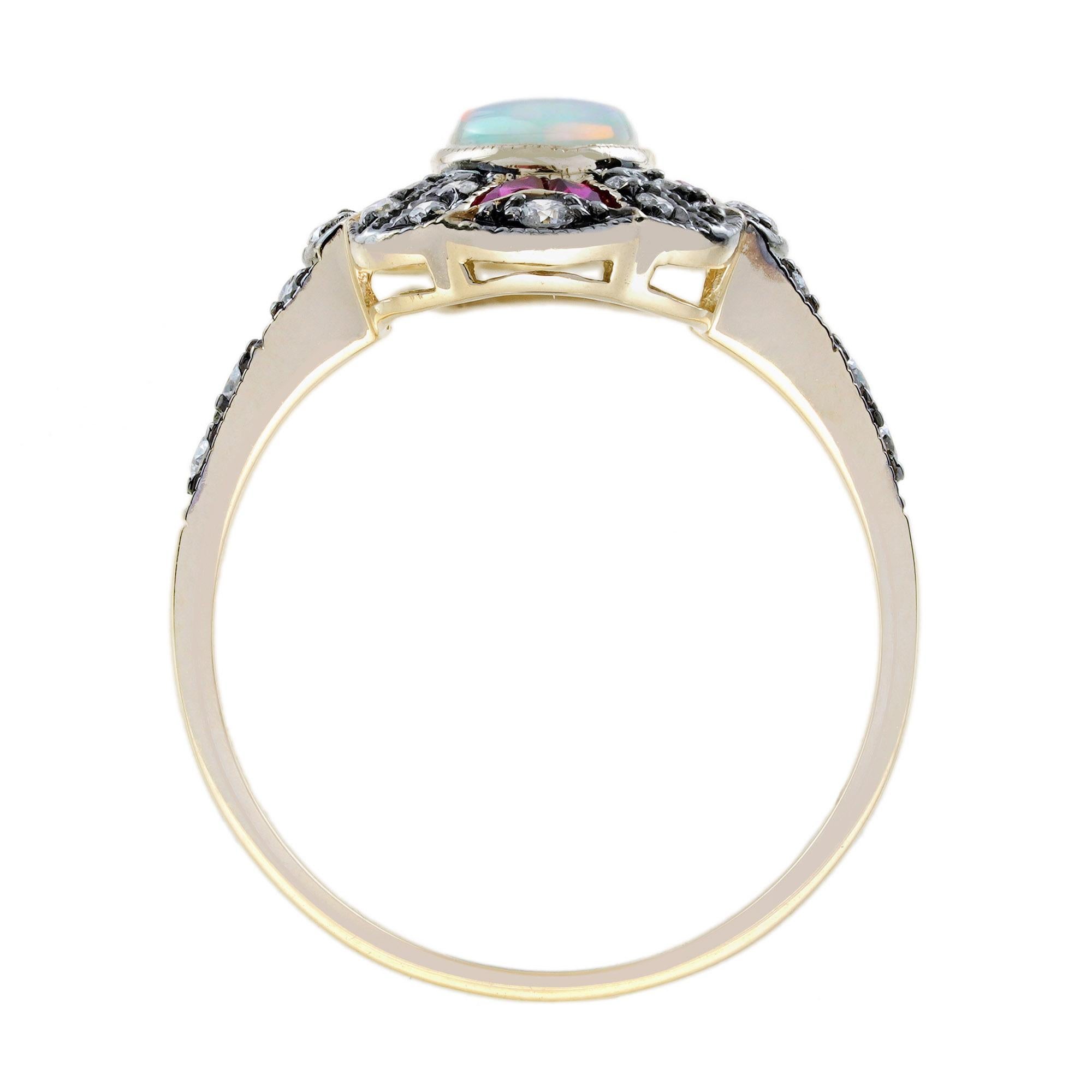 Bague en or jaune sertie d'un halo de style Art déco avec opale ovale, rubis et diamants Pour femmes en vente