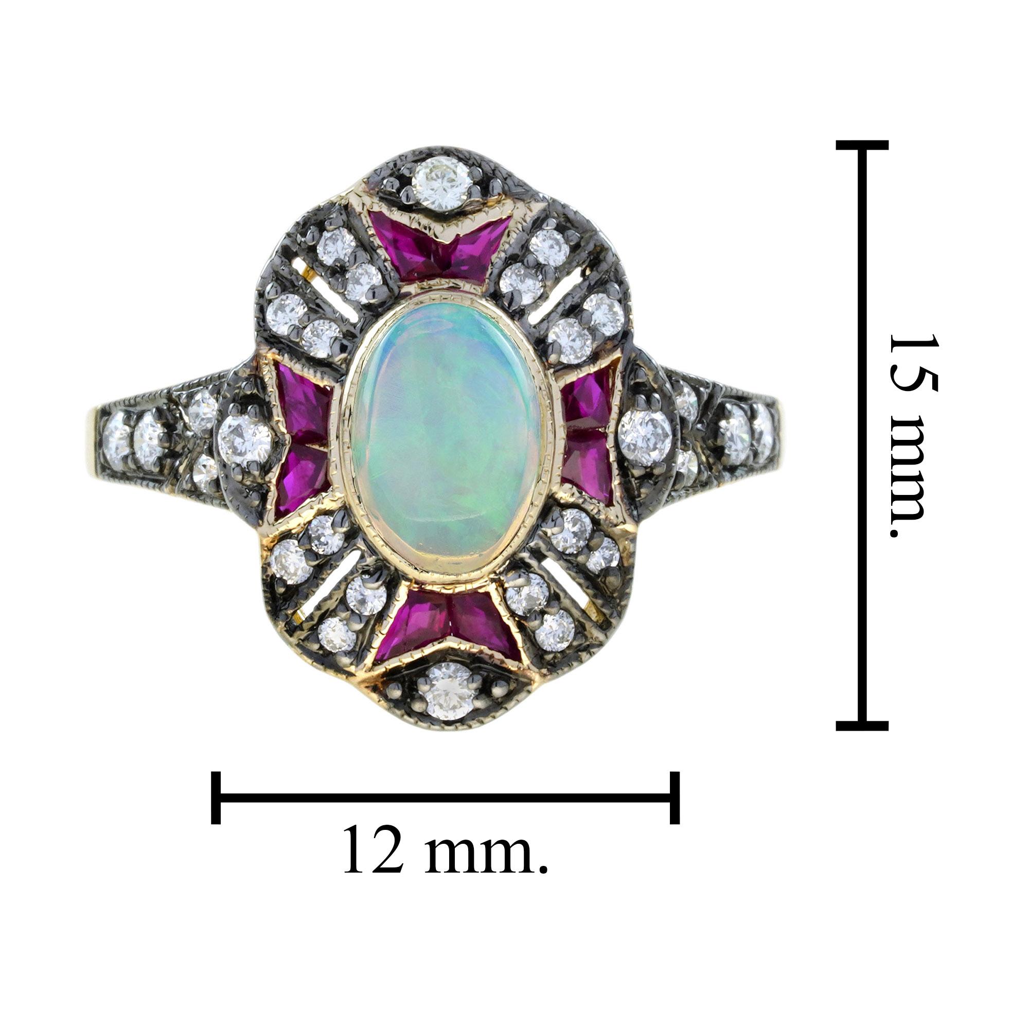 Bague en or jaune sertie d'un halo de style Art déco avec opale ovale, rubis et diamants en vente 1