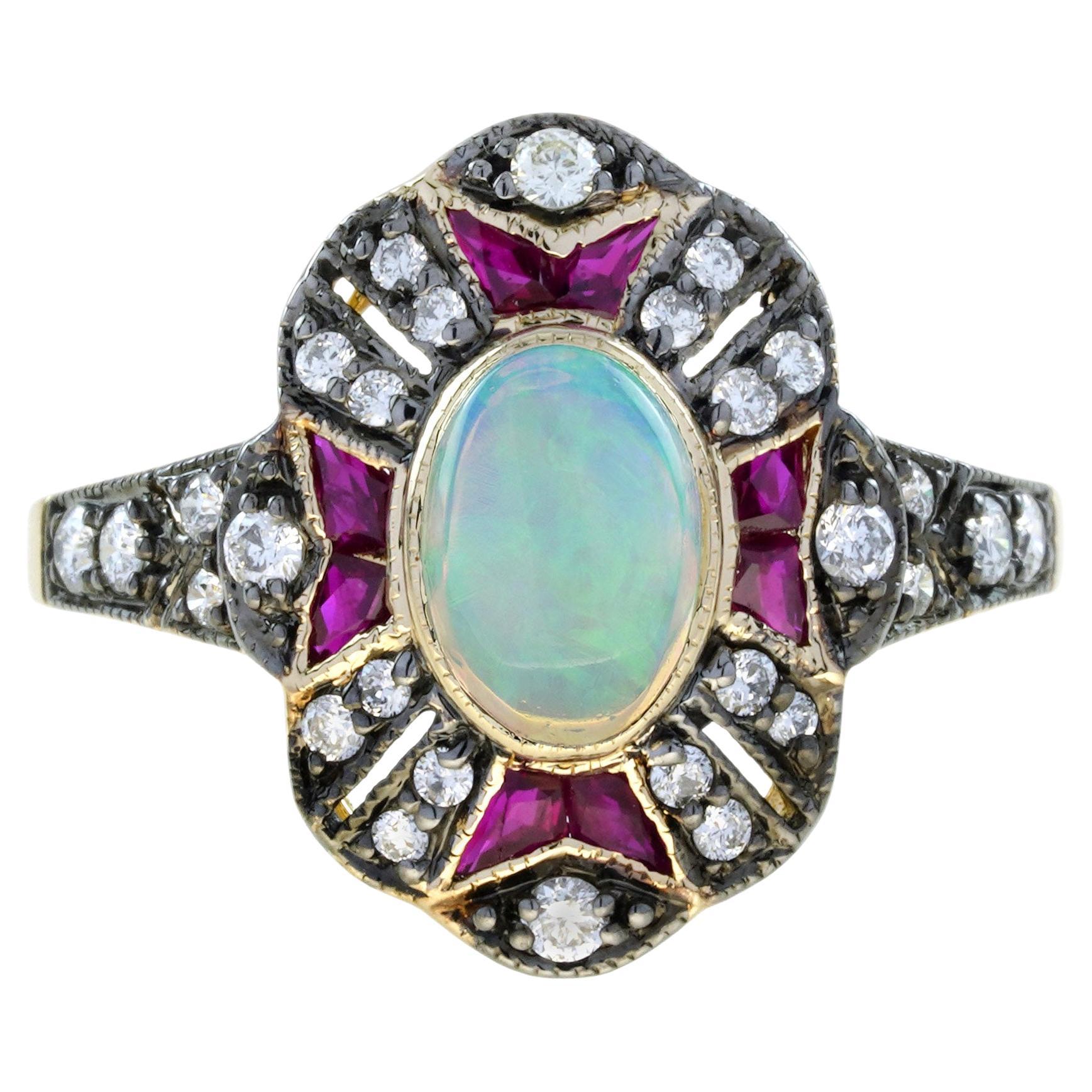 Bague en or jaune sertie d'un halo de style Art déco avec opale ovale, rubis et diamants