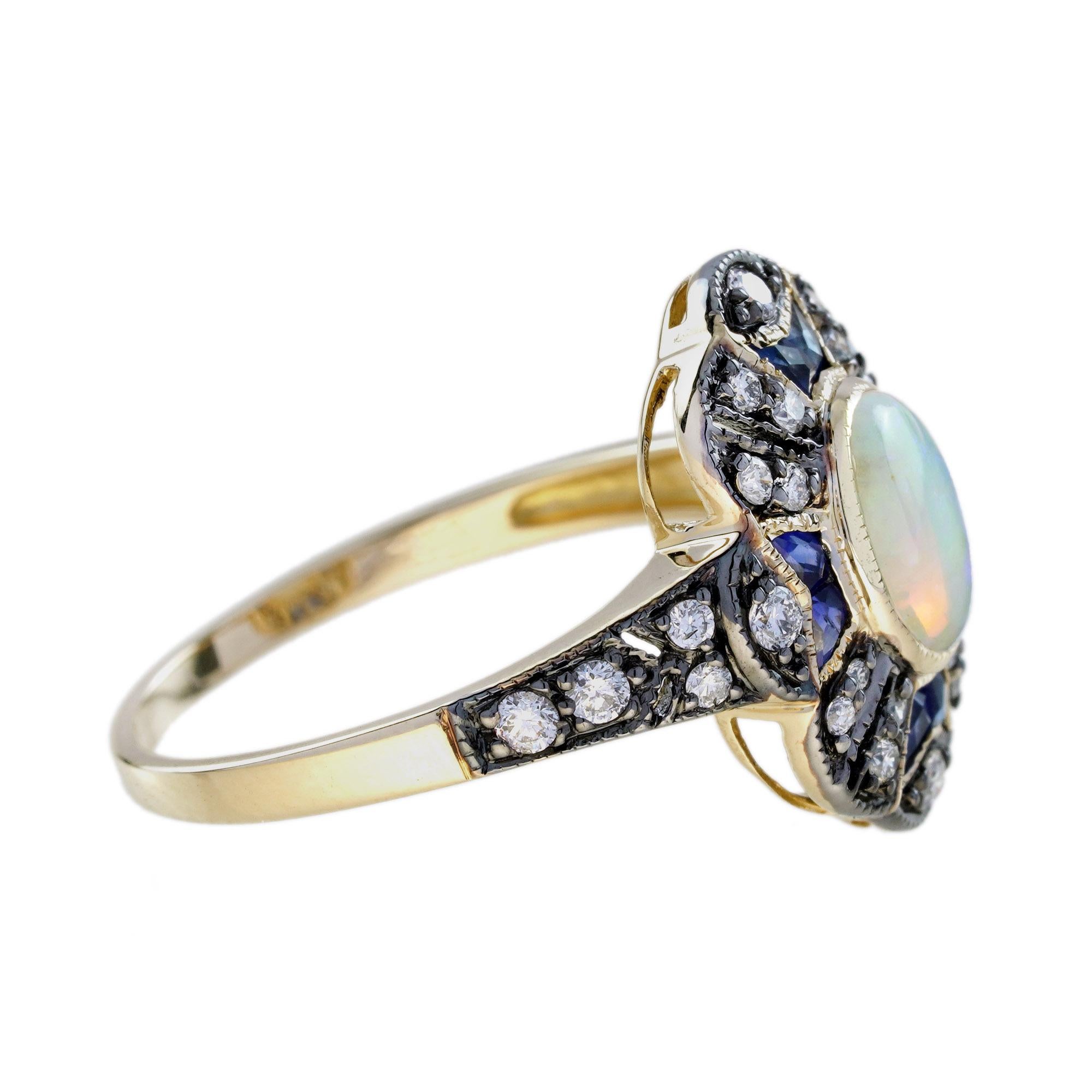 Art Déco Anello ovale in oro giallo con opale, zaffiro e diamante in stile Art Deco con alone in vendita