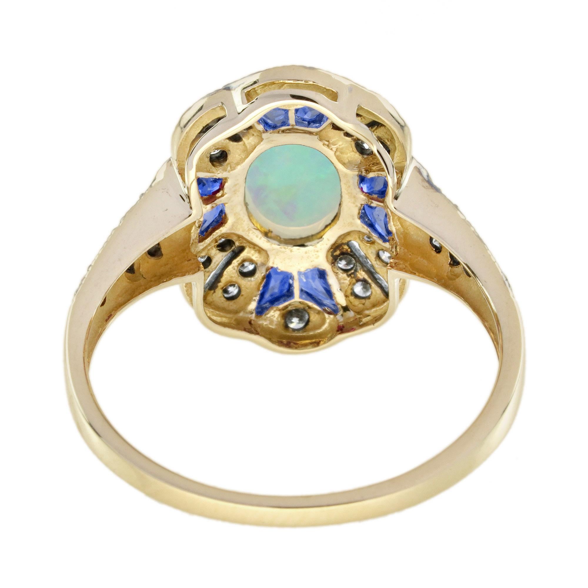 Taglio ovale Anello ovale in oro giallo con opale, zaffiro e diamante in stile Art Deco con alone in vendita