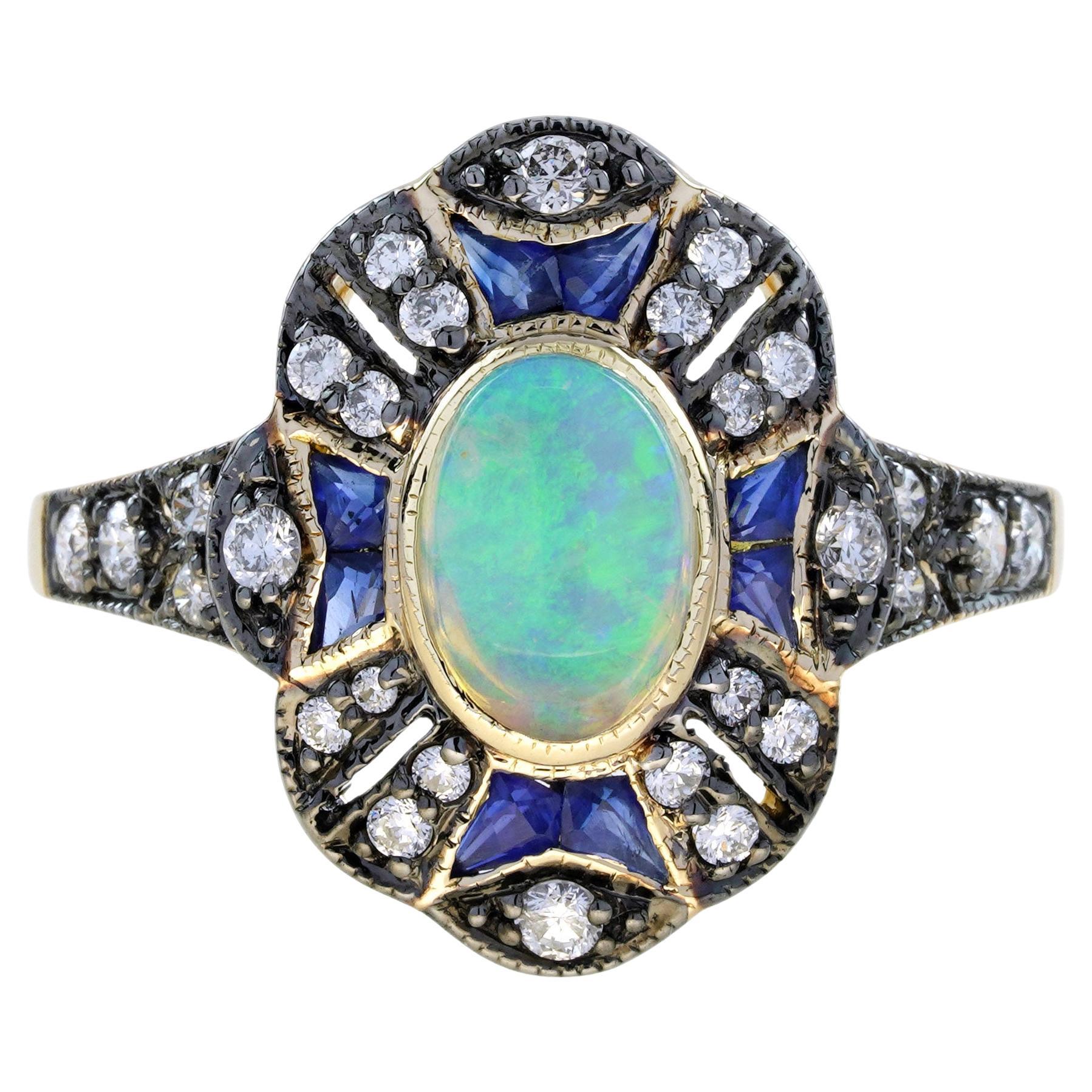 Anillo de oro amarillo con halo de ópalo ovalado y zafiro y diamantes estilo art déco
