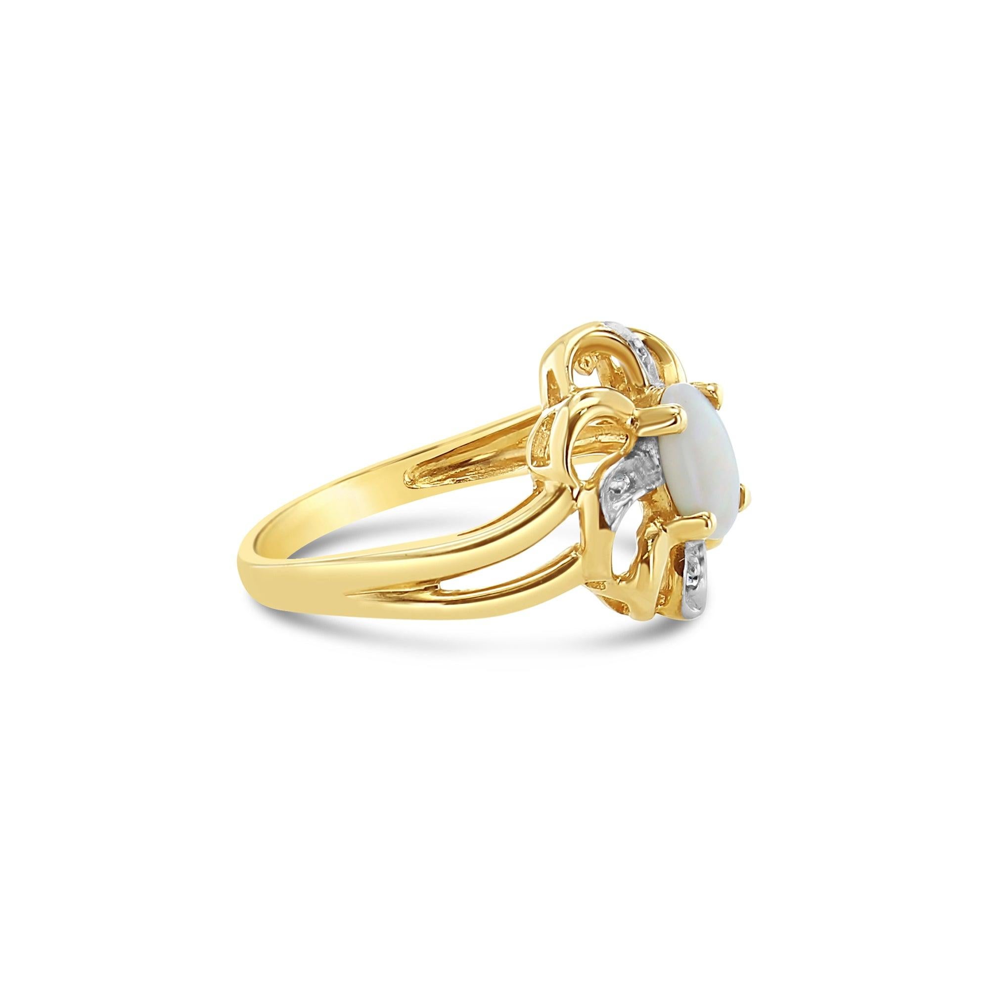 Oval Cut Oval Opal Solitaire Diamond Ring 10k Yellow Gold For Sale