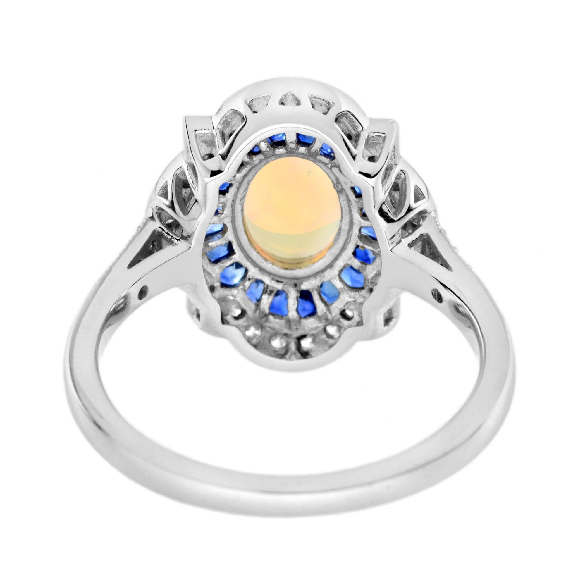 Oval Opal with Sapphire Diamond Art Deco Style Halo Ring in 14K White Gold For Sale 1