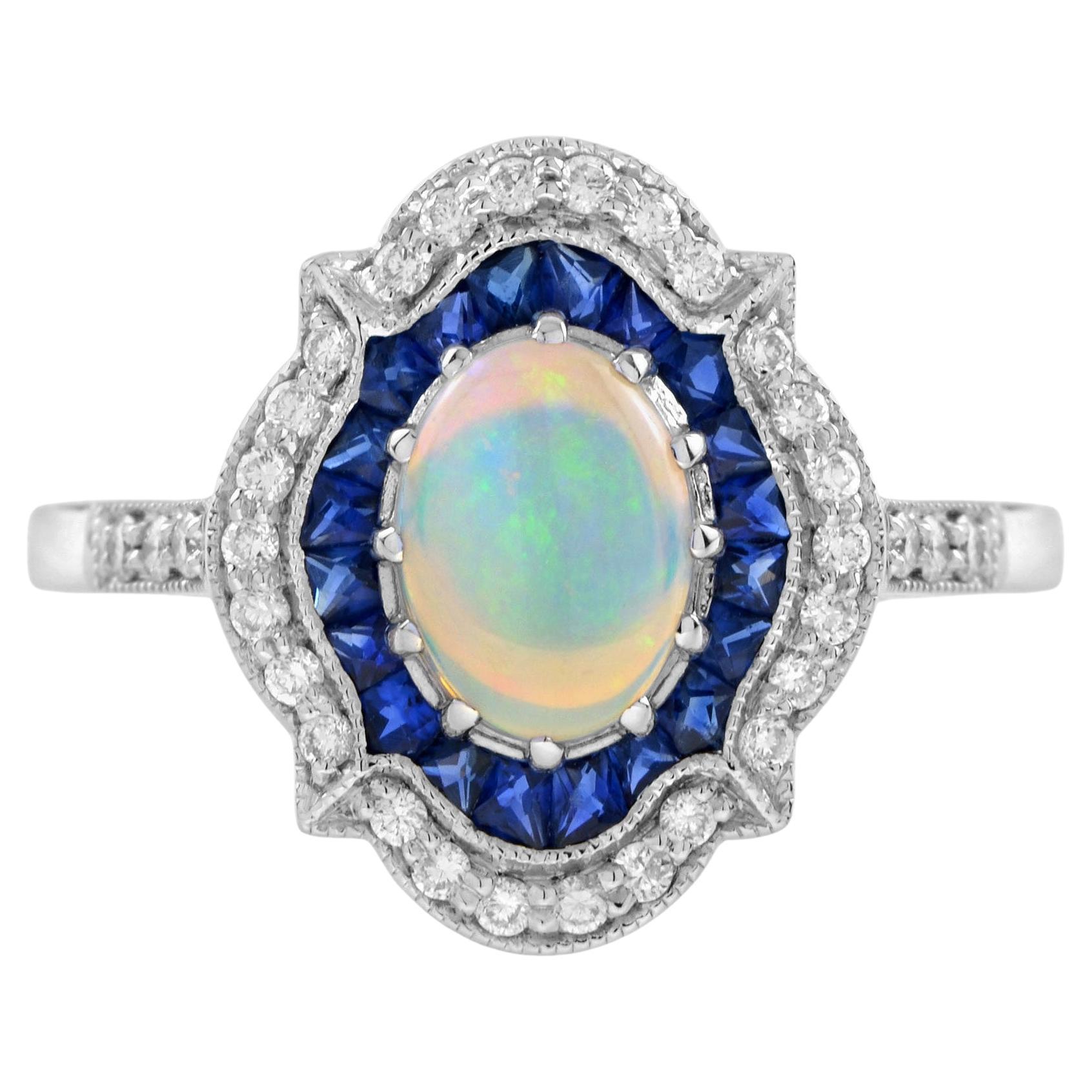 Oval Opal with Sapphire Diamond Art Deco Style Halo Ring in 14K White Gold For Sale