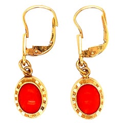 Oval Orange Coral Dangle Earrings in 14 Karat Gold, 1960s