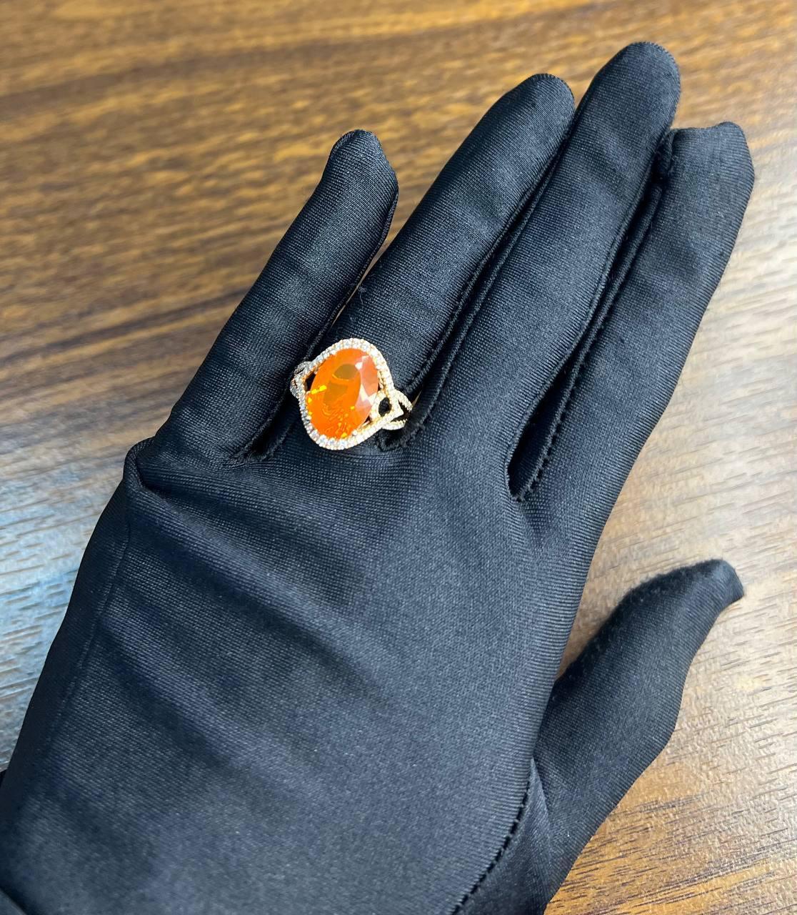 Oval Orange Fire Opal Diamonds Halo 14K Rose Gold Statement Classic Ring For Sale 5