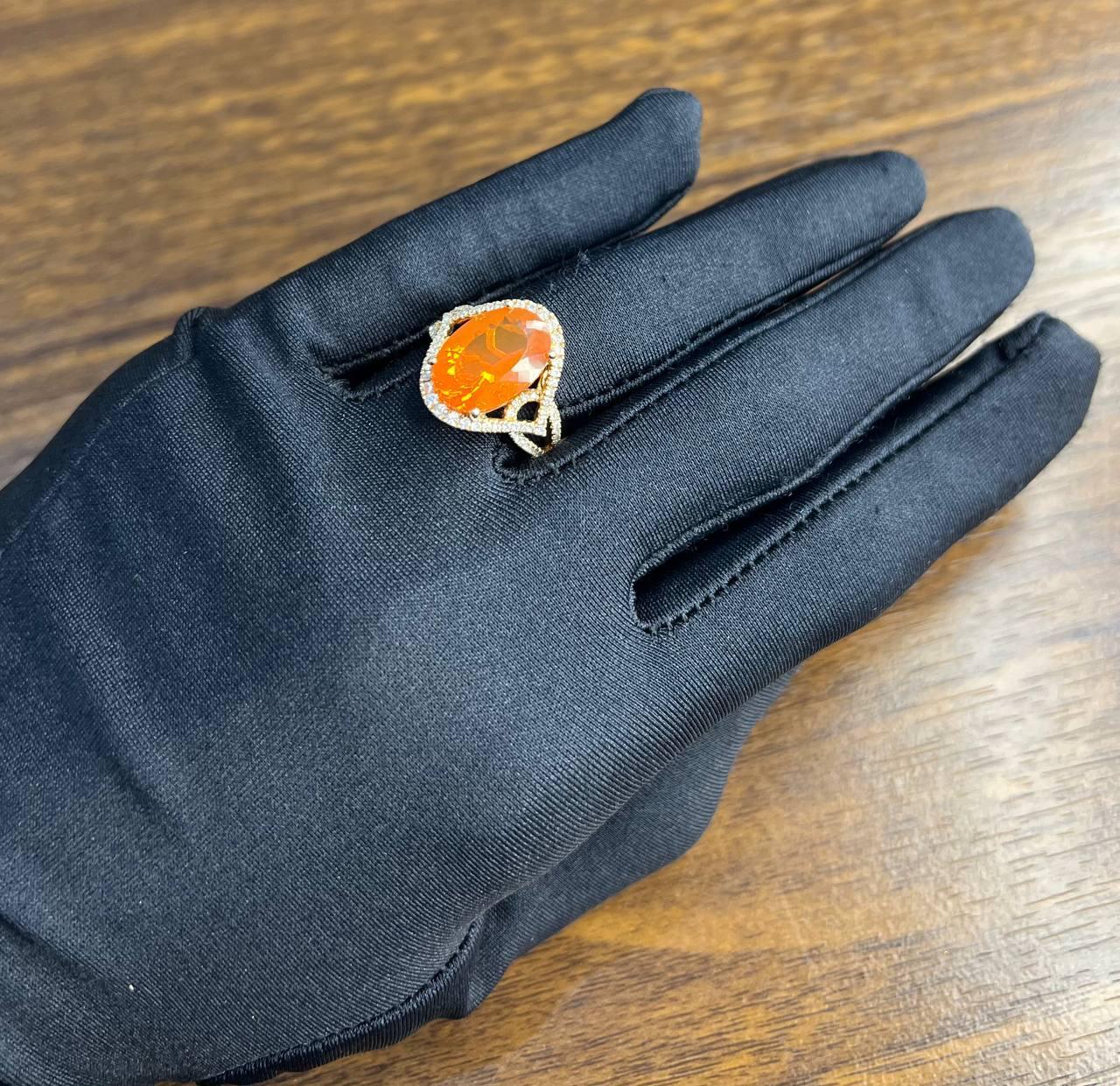 Oval Orange Fire Opal Diamonds Halo 14K Rose Gold Statement Classic Ring For Sale 7