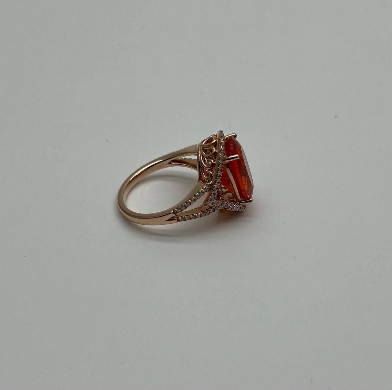 Oval Cut Oval Orange Fire Opal Diamonds Halo 14K Rose Gold Statement Classic Ring For Sale