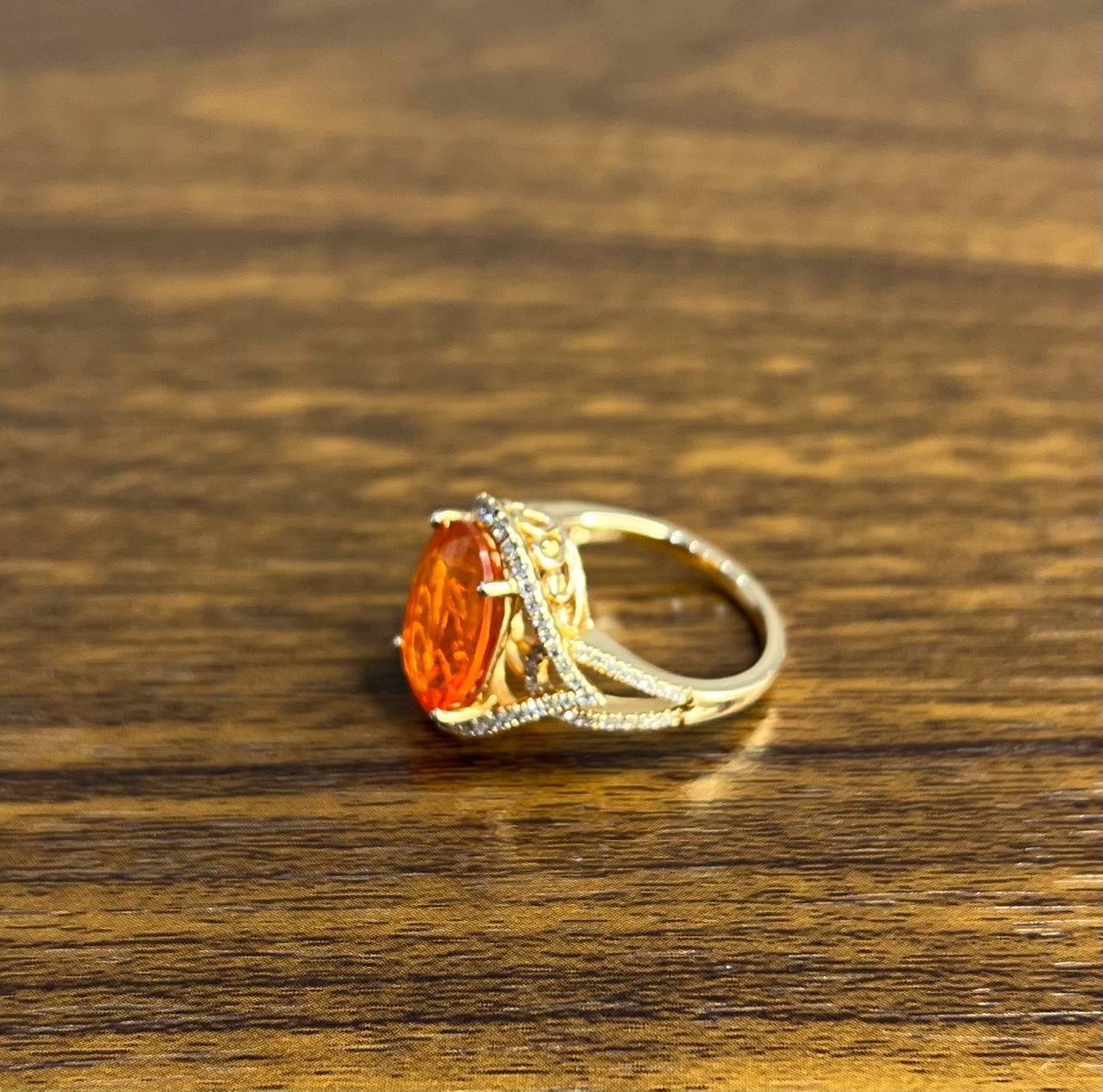 Oval Orange Fire Opal Diamonds Halo 14K Rose Gold Statement Classic Ring For Sale 2