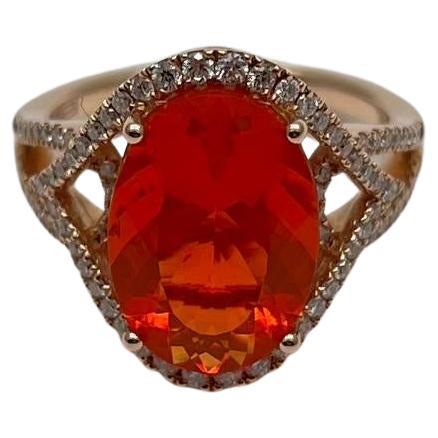 Oval Orange Fire Opal Diamonds Halo 14K Rose Gold Statement Classic Ring