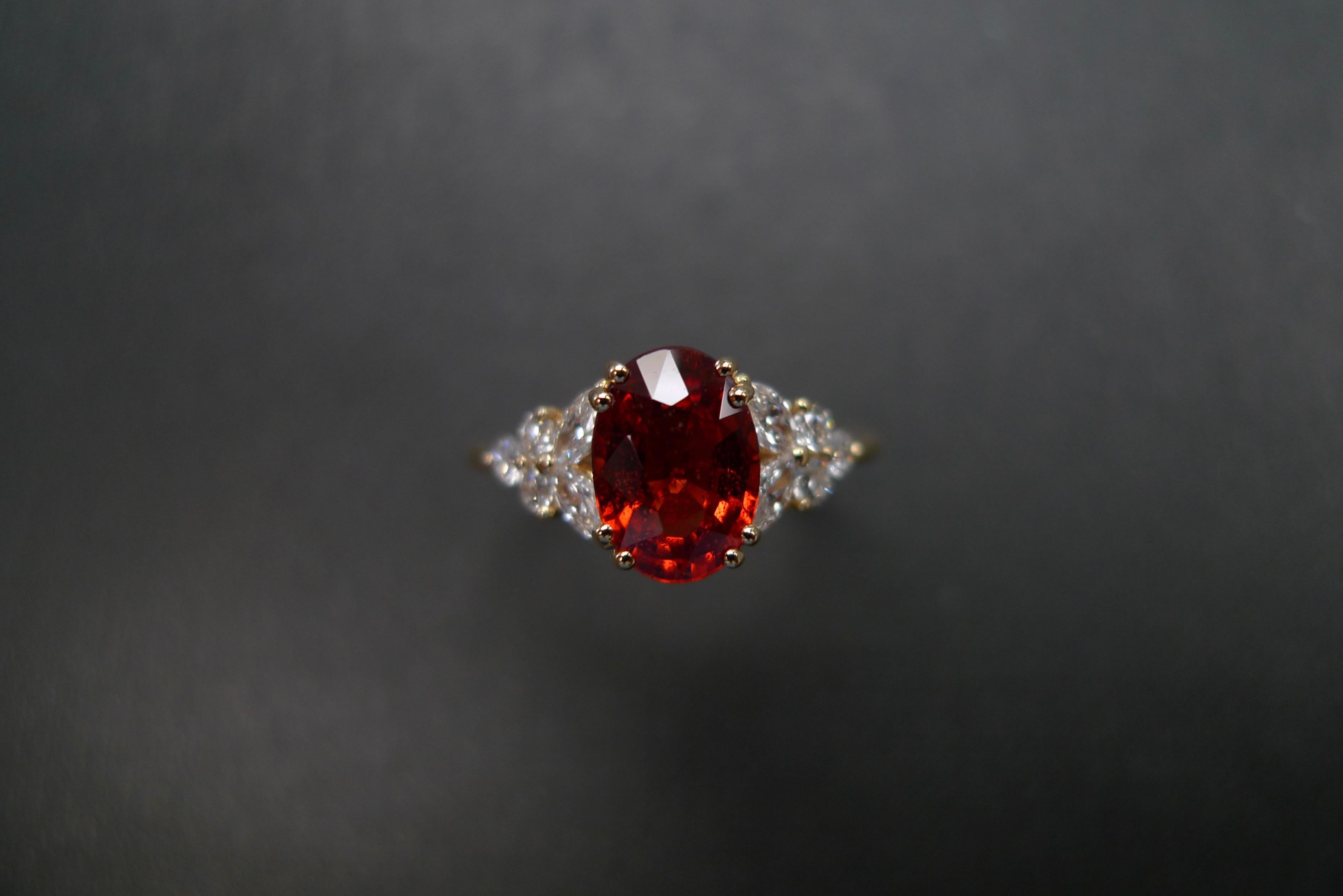 For Sale:  Oval Orange Sapphire and Marquise Shape Diamond Unique Engagement Ring Handmade 4