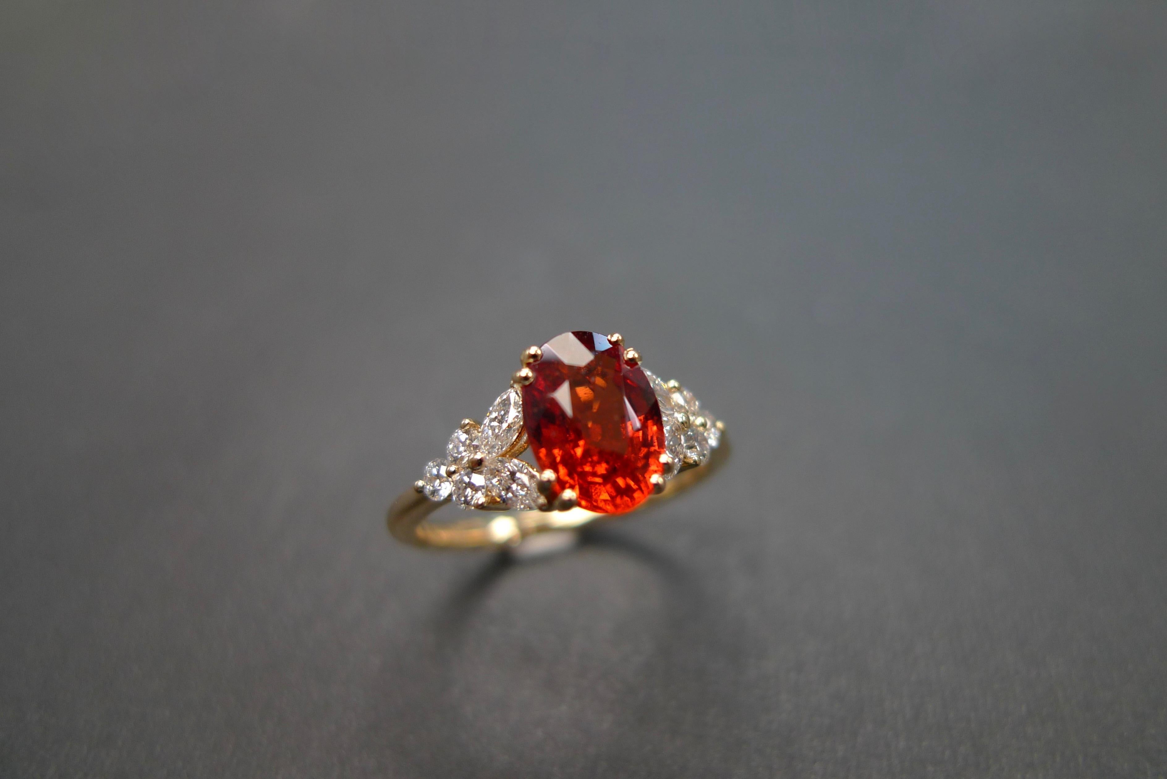For Sale:  Oval Orange Sapphire and Marquise Shape Diamond Unique Engagement Ring Handmade 5