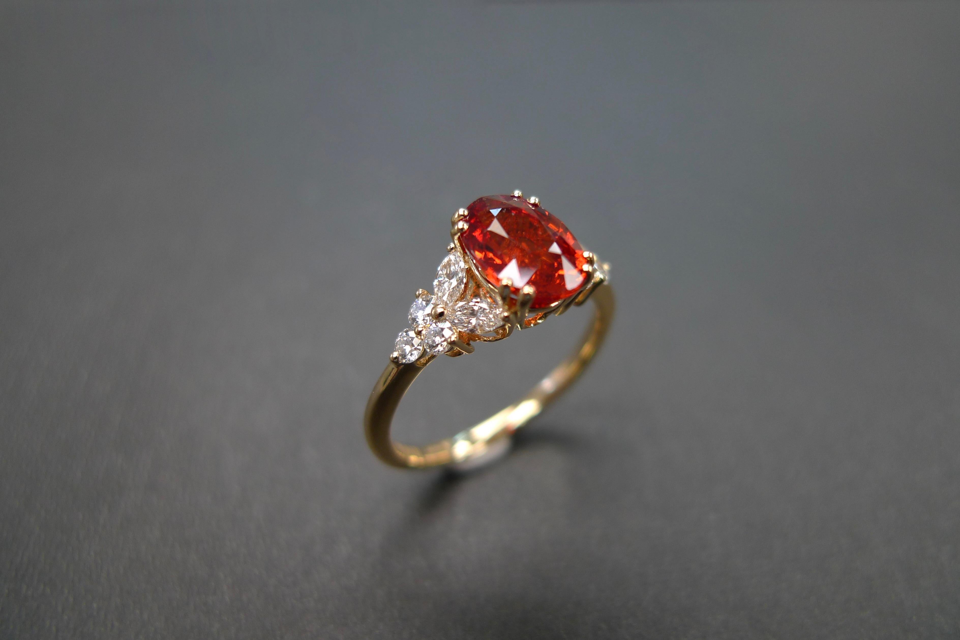For Sale:  Oval Orange Sapphire and Marquise Shape Diamond Unique Engagement Ring Handmade 6