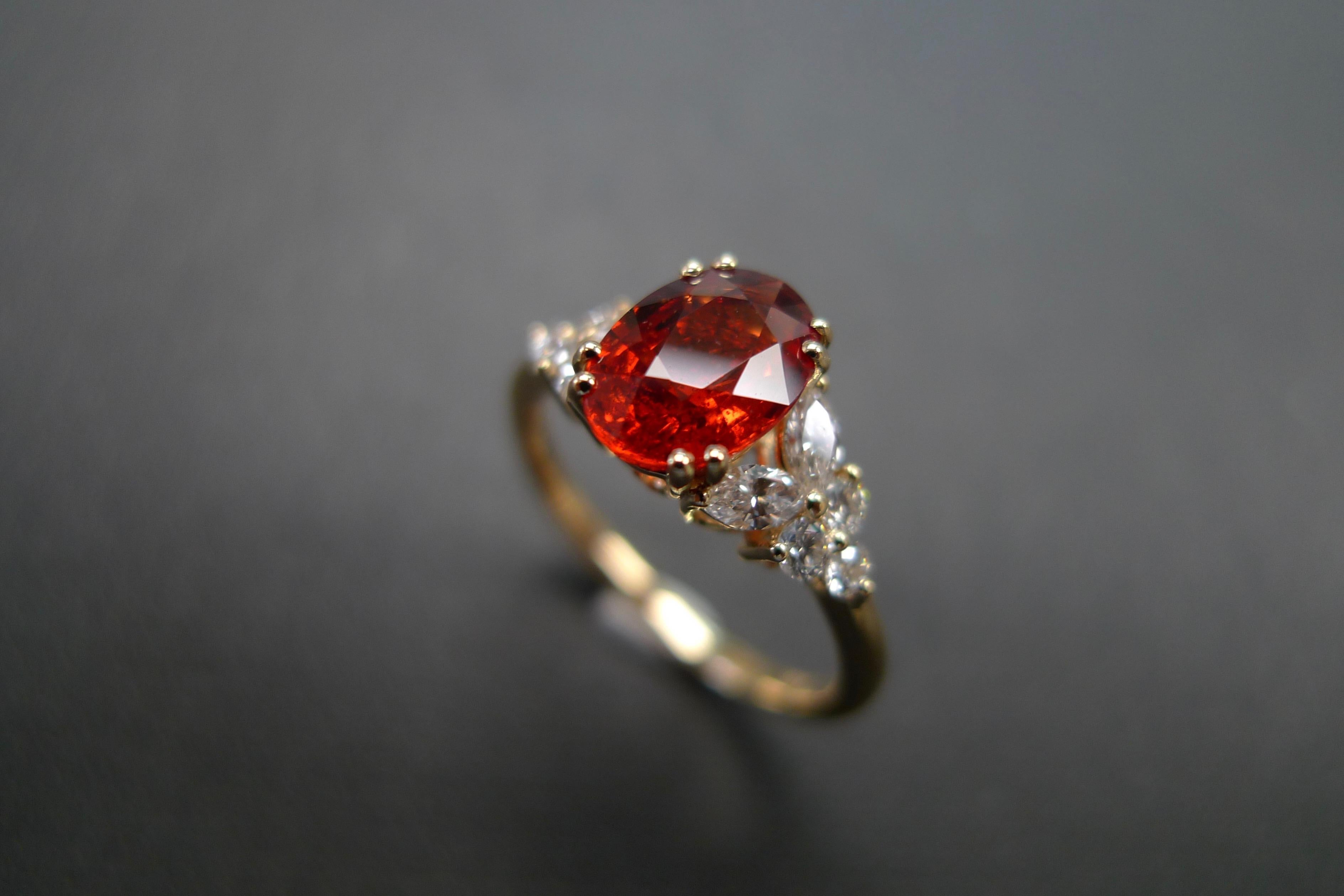 For Sale:  Oval Orange Sapphire and Marquise Shape Diamond Unique Engagement Ring Handmade 9