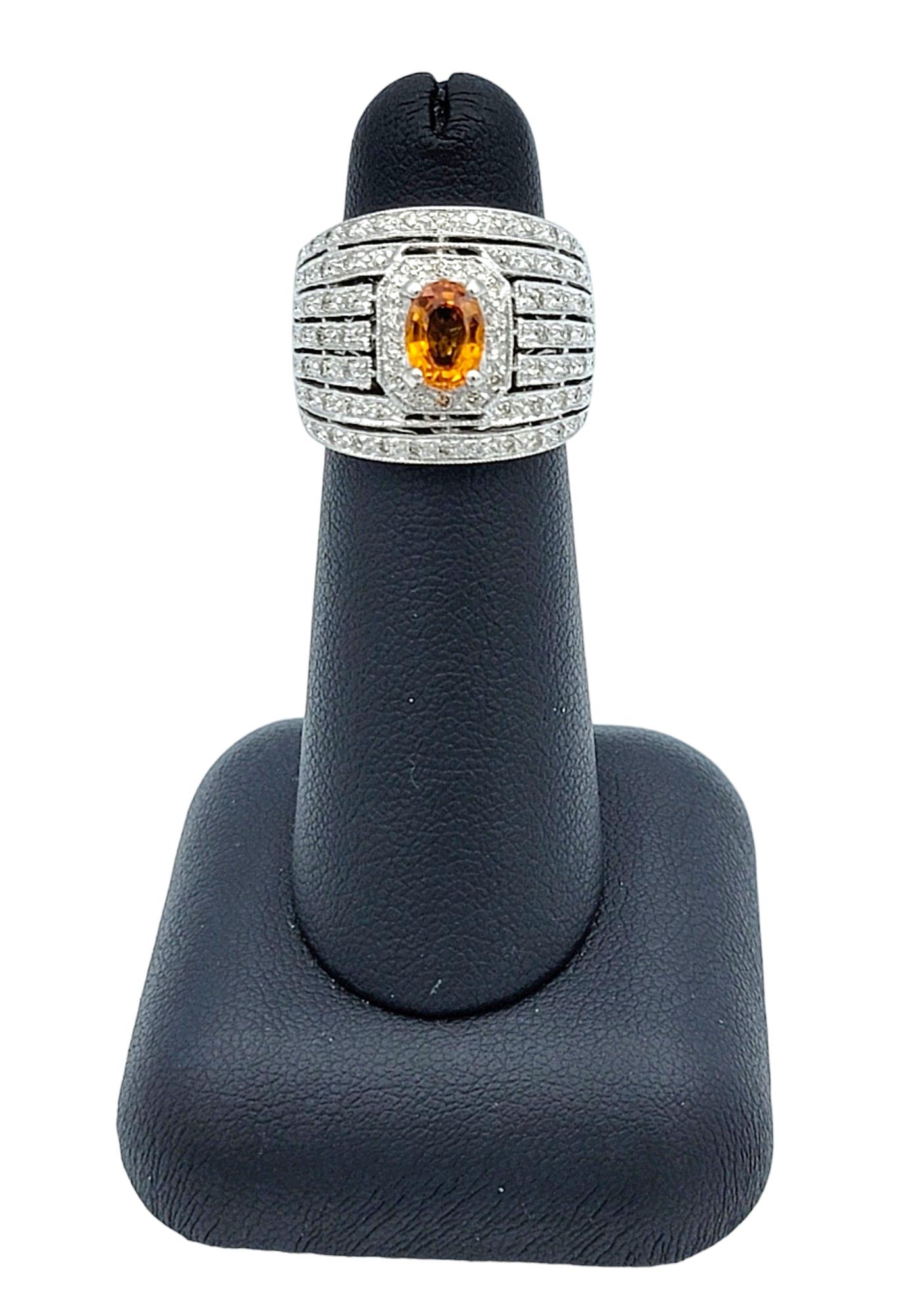 Oval Orange Sapphire and Multi-Row Diamond Wide Band Ring in 14 Karat White Gold For Sale 2