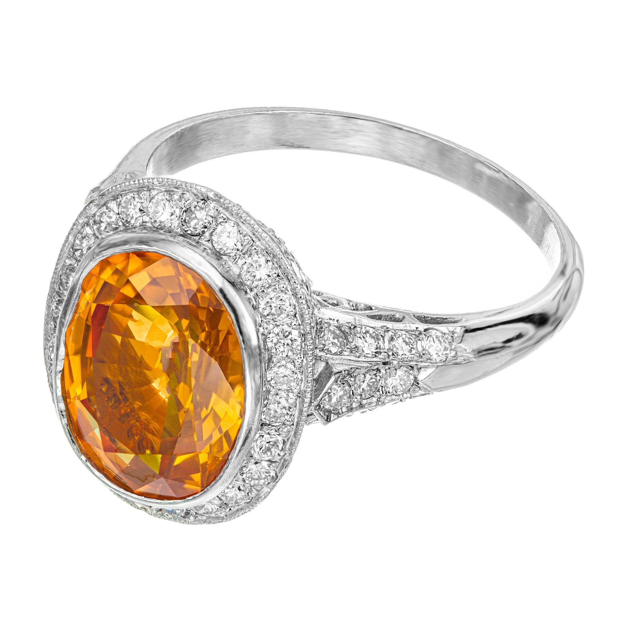Oval Cut 4.00 Carat Oval Orange Sapphire Halo Diamond Filigree Platinum Engagement Ring For Sale