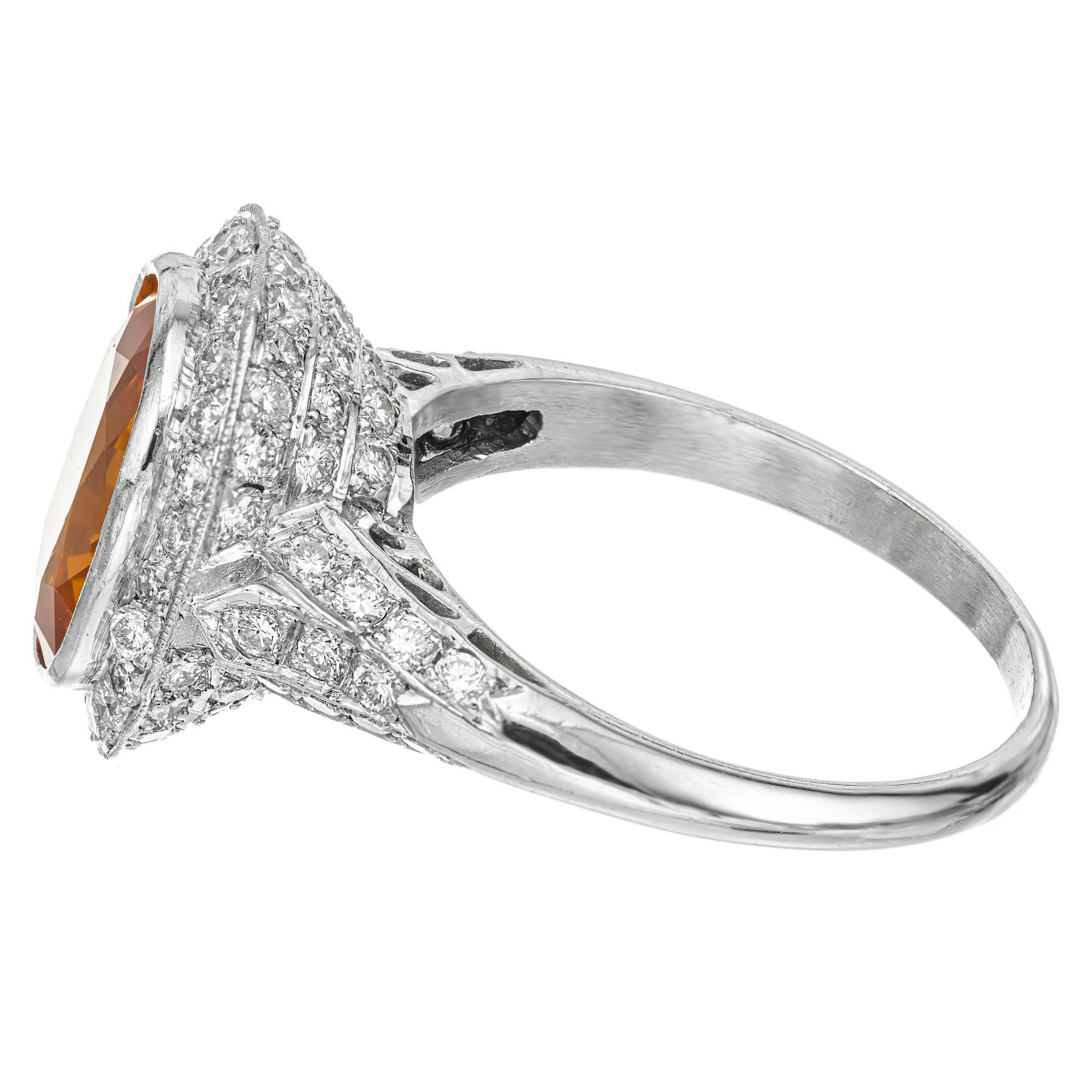 Women's 4.00 Carat Oval Orange Sapphire Halo Diamond Filigree Platinum Engagement Ring For Sale