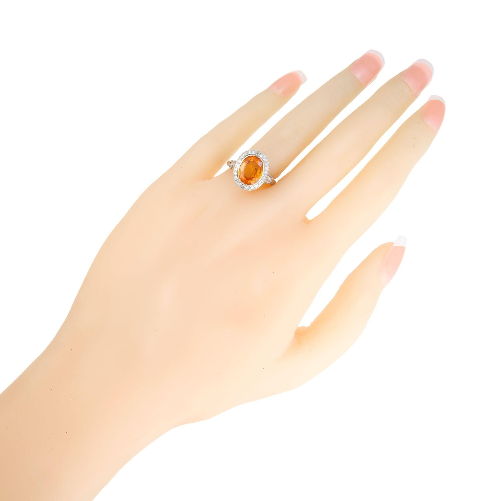 4.00 Carat Oval Orange Sapphire Halo Diamond Filigree Platinum Engagement Ring For Sale 1