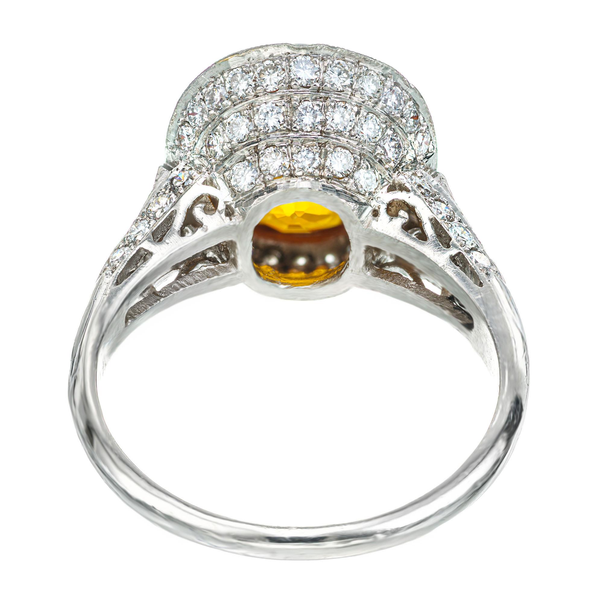 4.00 Carat Oval Orange Sapphire Halo Diamond Filigree Platinum Engagement Ring For Sale 2