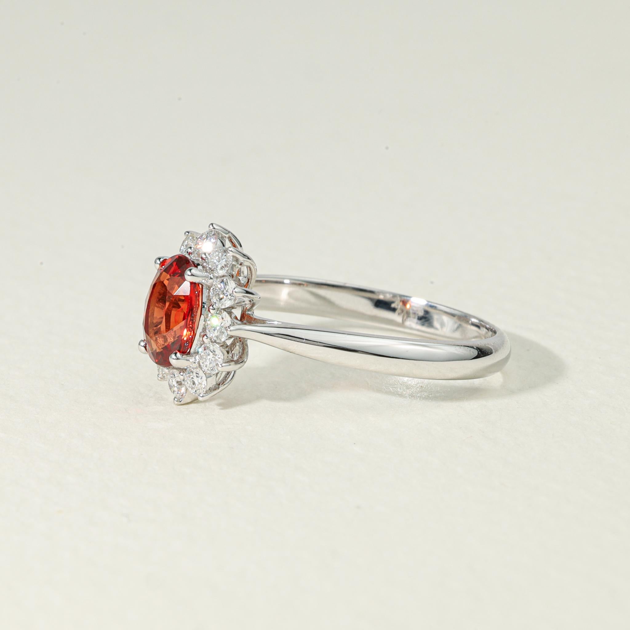 Oval Orange Sapphire Diamond Halo Cocktail Engagement Ring in White Gold For Sale 4