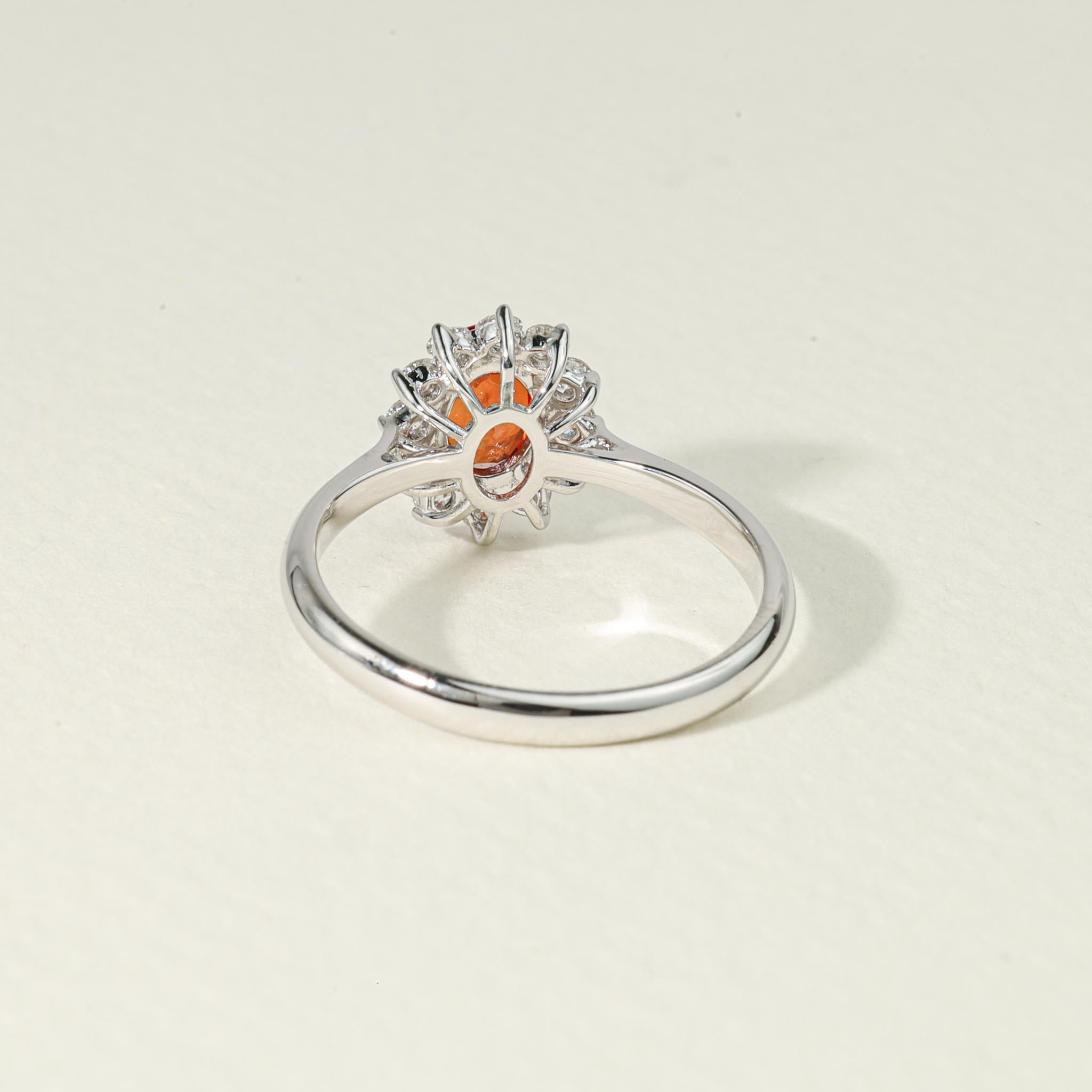 Oval Orange Sapphire Diamond Halo Cocktail Engagement Ring in White Gold For Sale 5