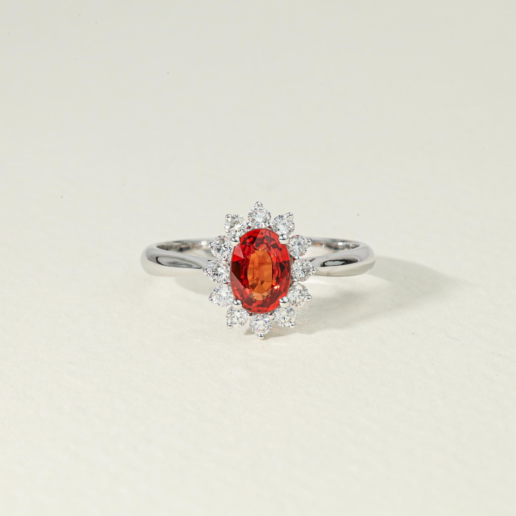 Oval Orange Sapphire Diamond Halo Cocktail Engagement Ring in White Gold For Sale 2