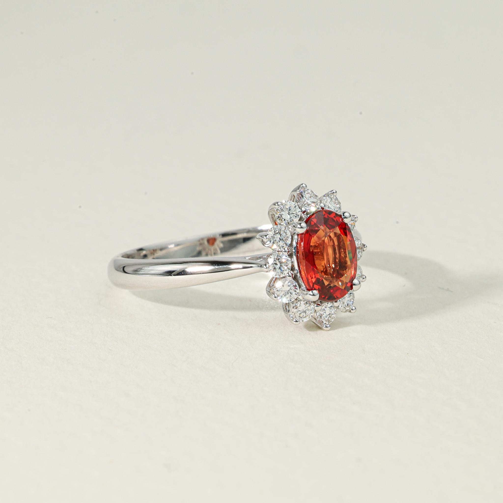 Oval Orange Sapphire Diamond Halo Cocktail Engagement Ring in White Gold For Sale 3