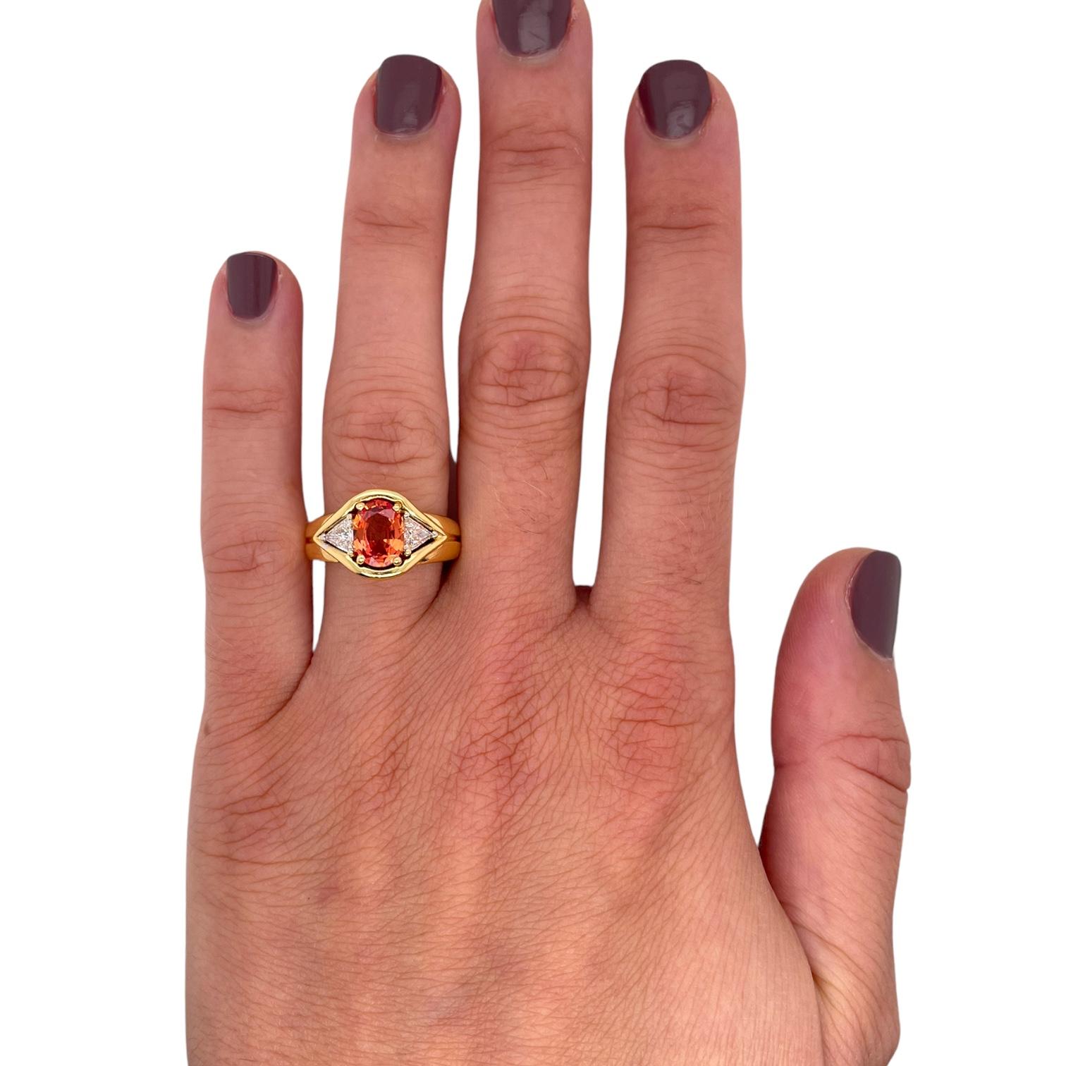 Modern Oval Orange Sapphire & Trillion Shape Diamond Ring in 18K Yellow & White Gold For Sale