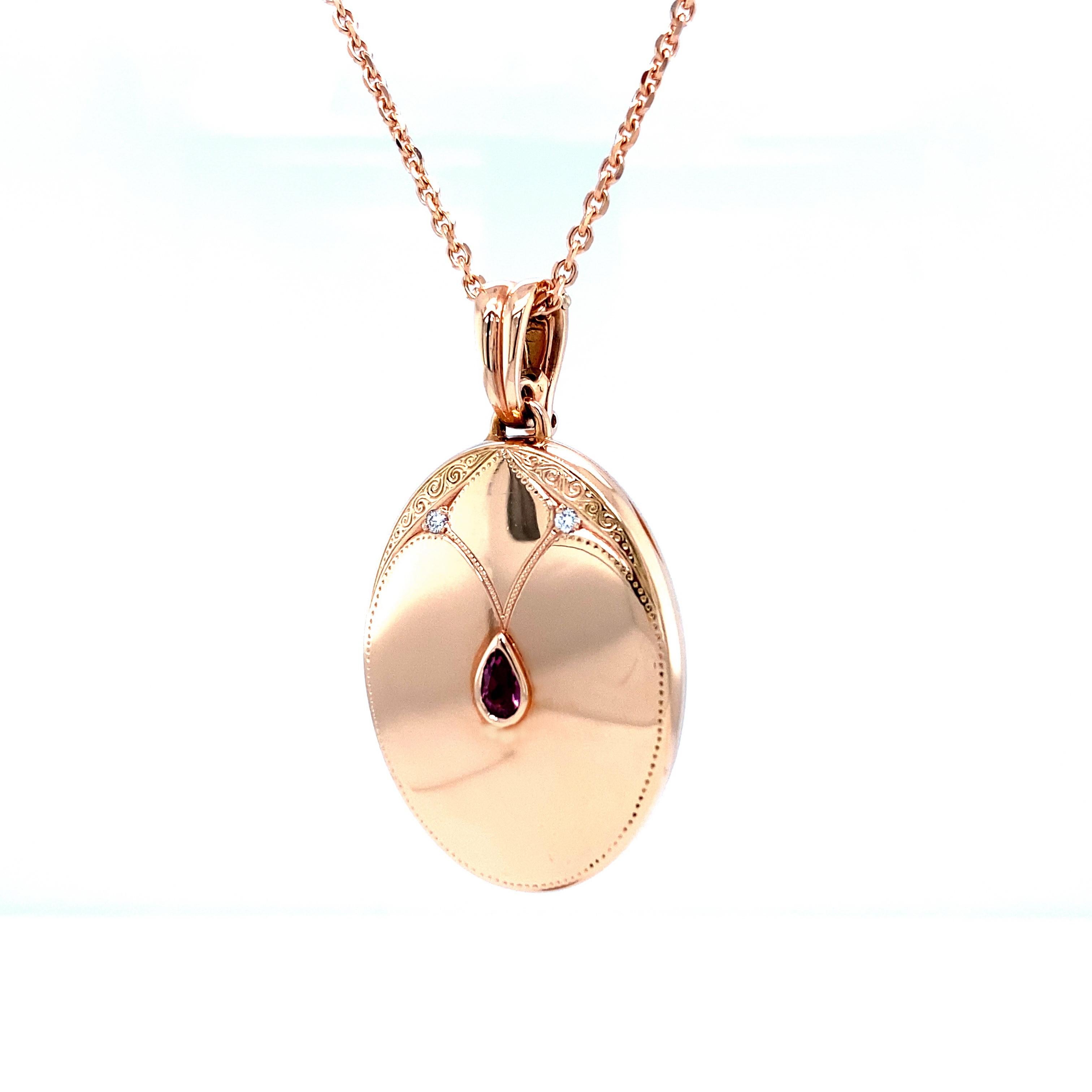 Victor Mayer oval Art Nouveau pendant locket necklace 18k rose gold, 2 diamonds, total 0.04 ct, G VS, pink pear shaped Tourmaline

About the creator Victor Mayer
Victor Mayer is internationally renowned for elegant timeless designs and unrivalled