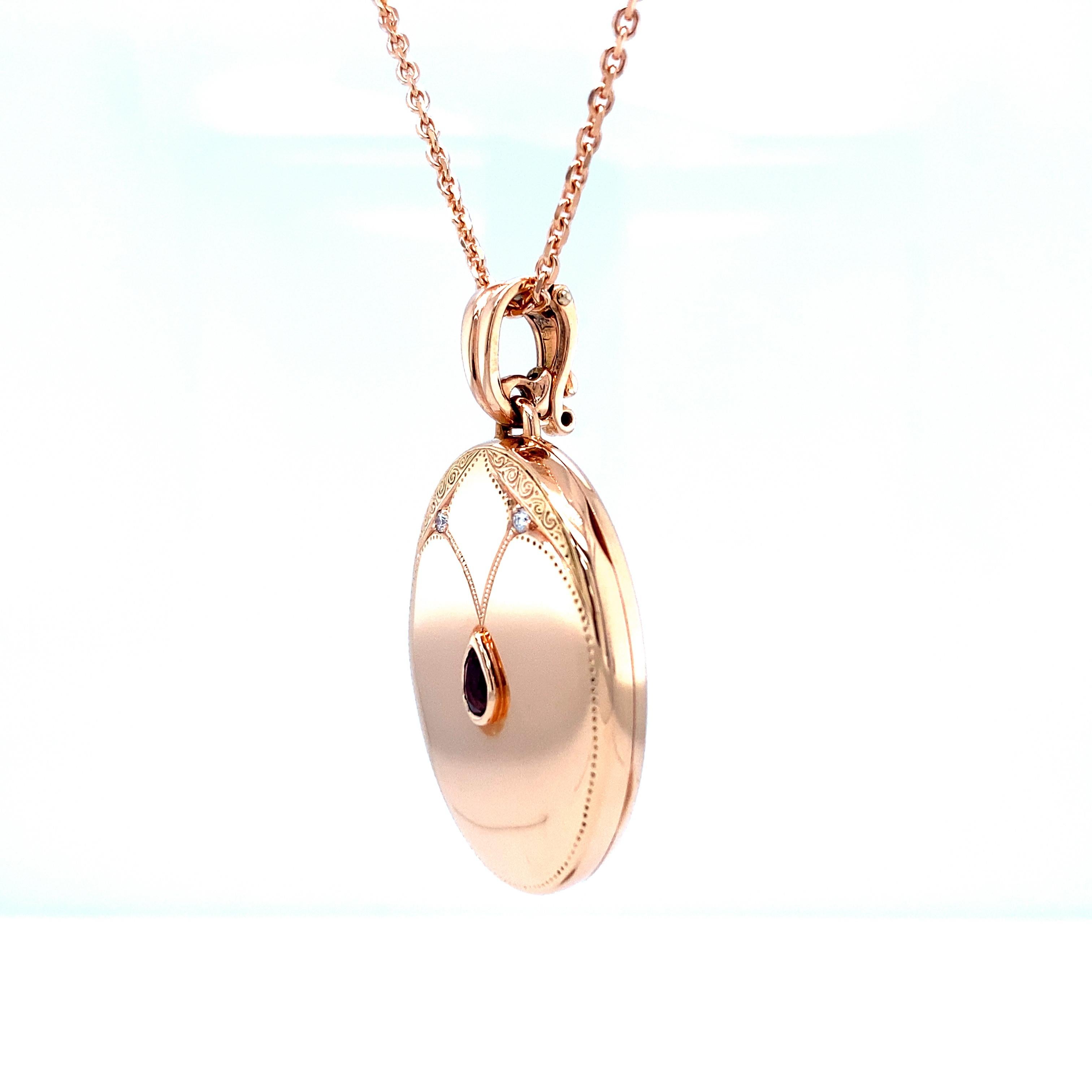 Art Nouveau Oval Ornamented Pendant Locket Necklace 18k Rose Gold 2 Diamonds Pink Tourmaline For Sale