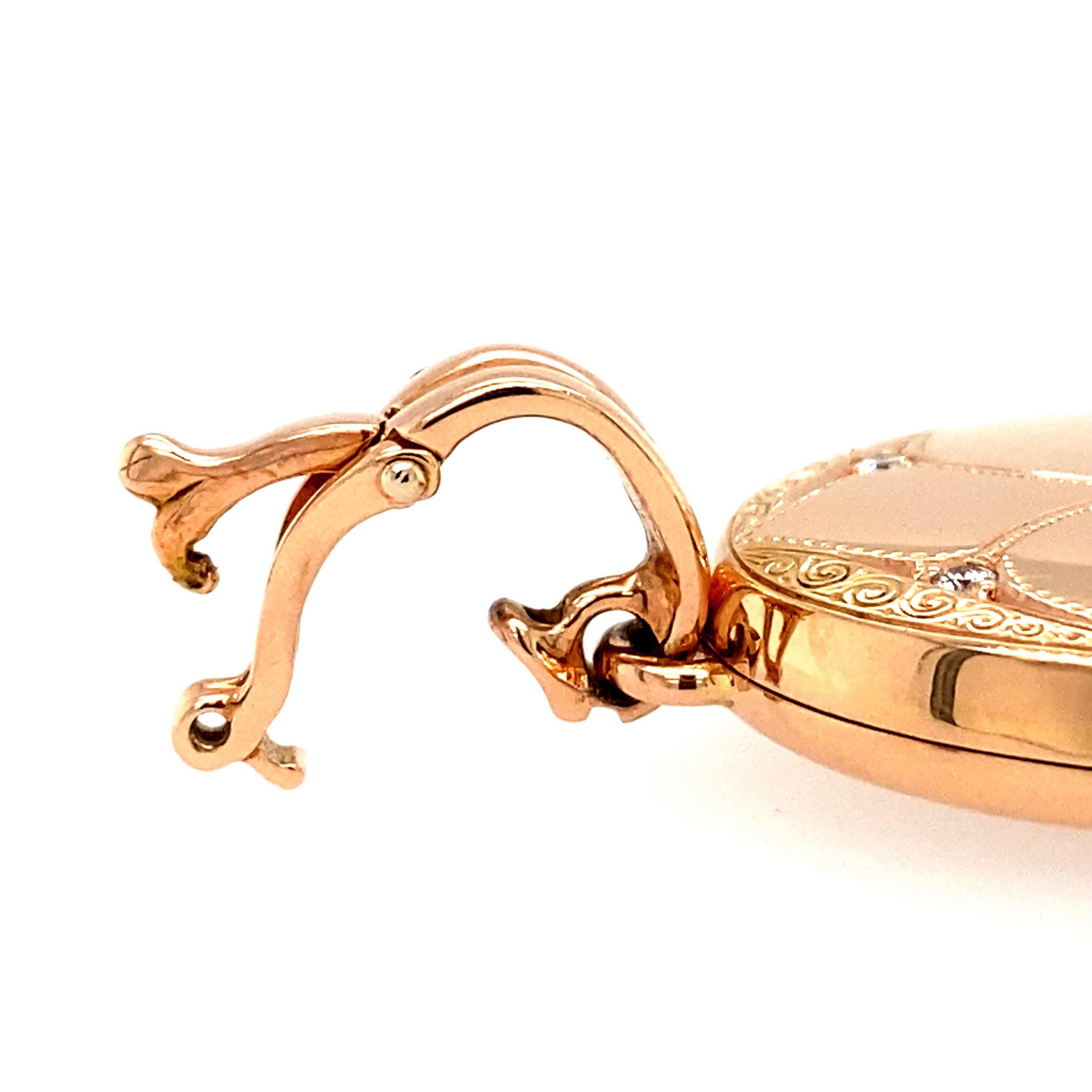 Oval Ornamented Pendant Locket 18k Rose Gold 2 Diamonds 0.04 ct Pink Tourmaline For Sale 2