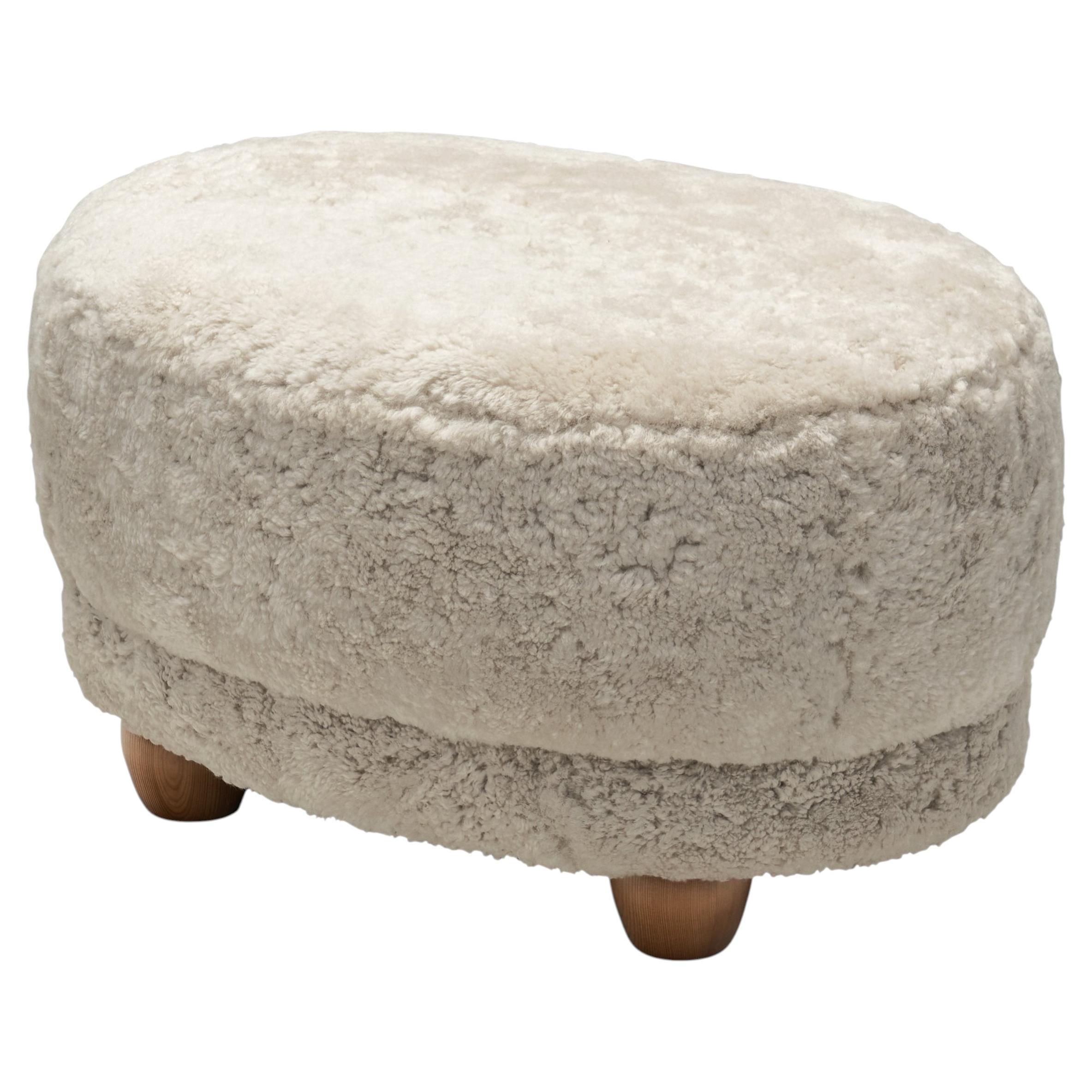 Oval Ottoman in Sheepskin, Europe Mid-20th Century
