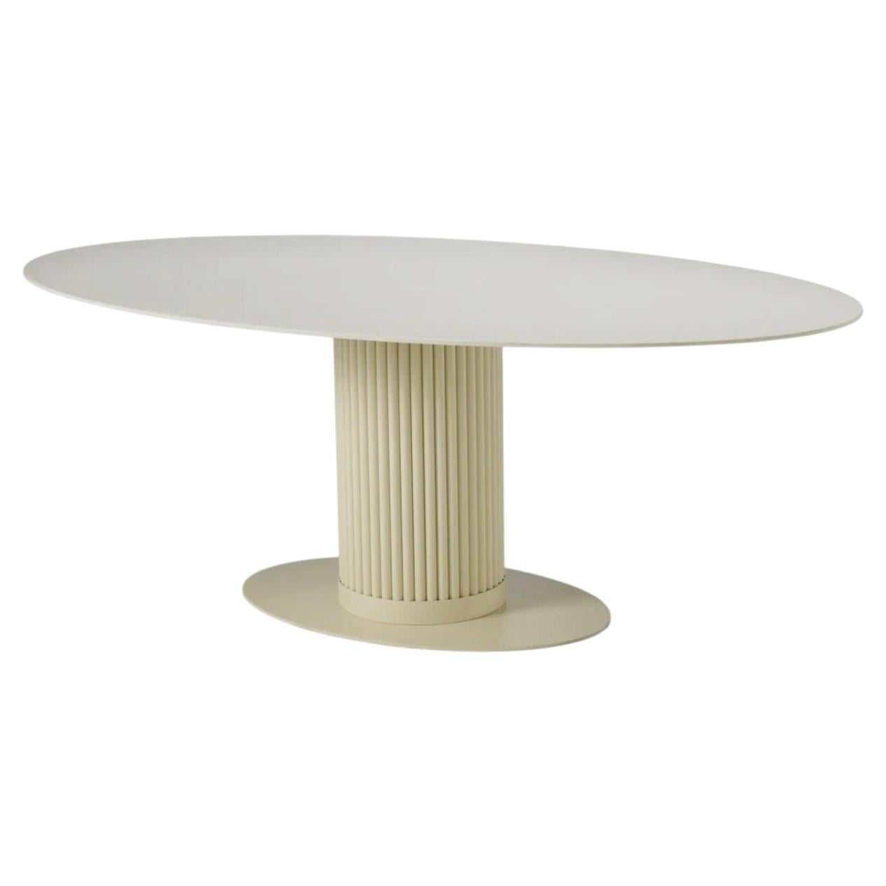 Oval Outdoor Dining Table with Sand Finish and Cream Ceramic Top