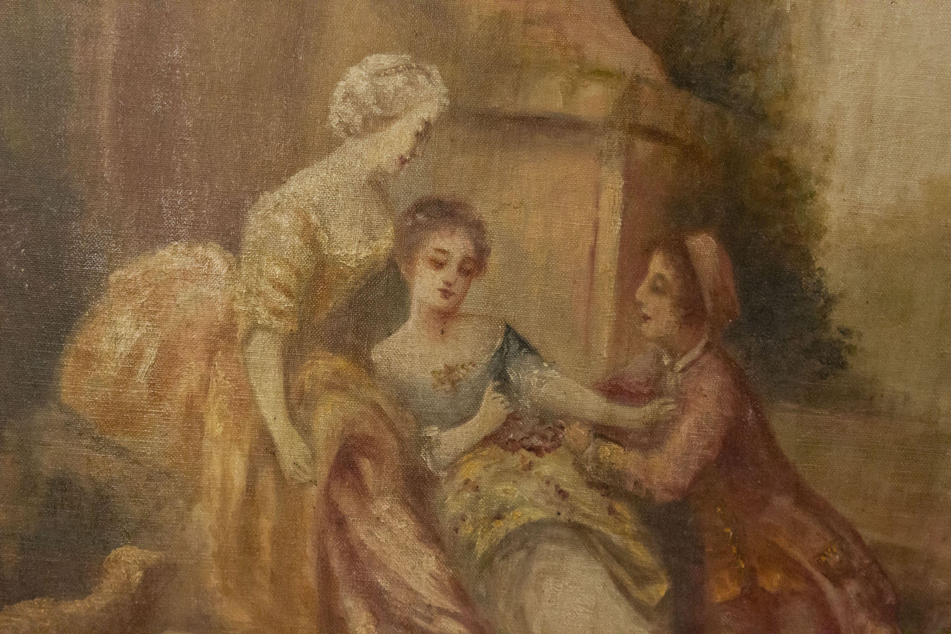 French white painted and gilt framed oval oil painting of ladies in garden (DuBois) (19th Century).
 