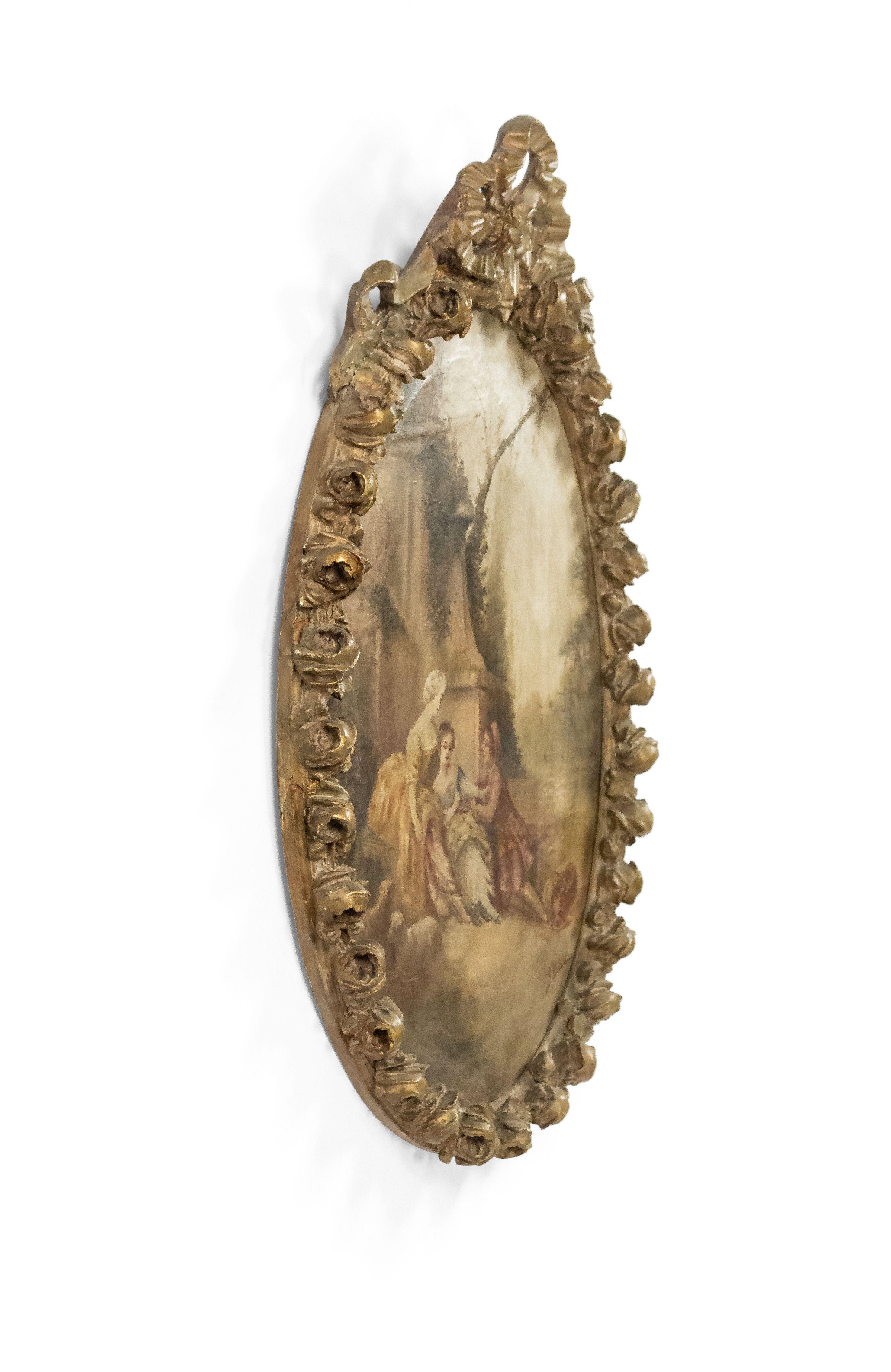 19th Century Oval Painting in Carved Frame of a Dubois French Garden Scene For Sale