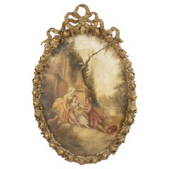 Peinture ovale dans un cadre sculpté d'une scène de jardin française par Dubois