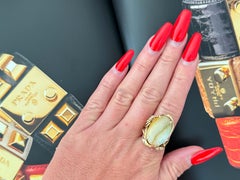 Oval Pale Green and Brown Jade Ring 14k Yellow Gold