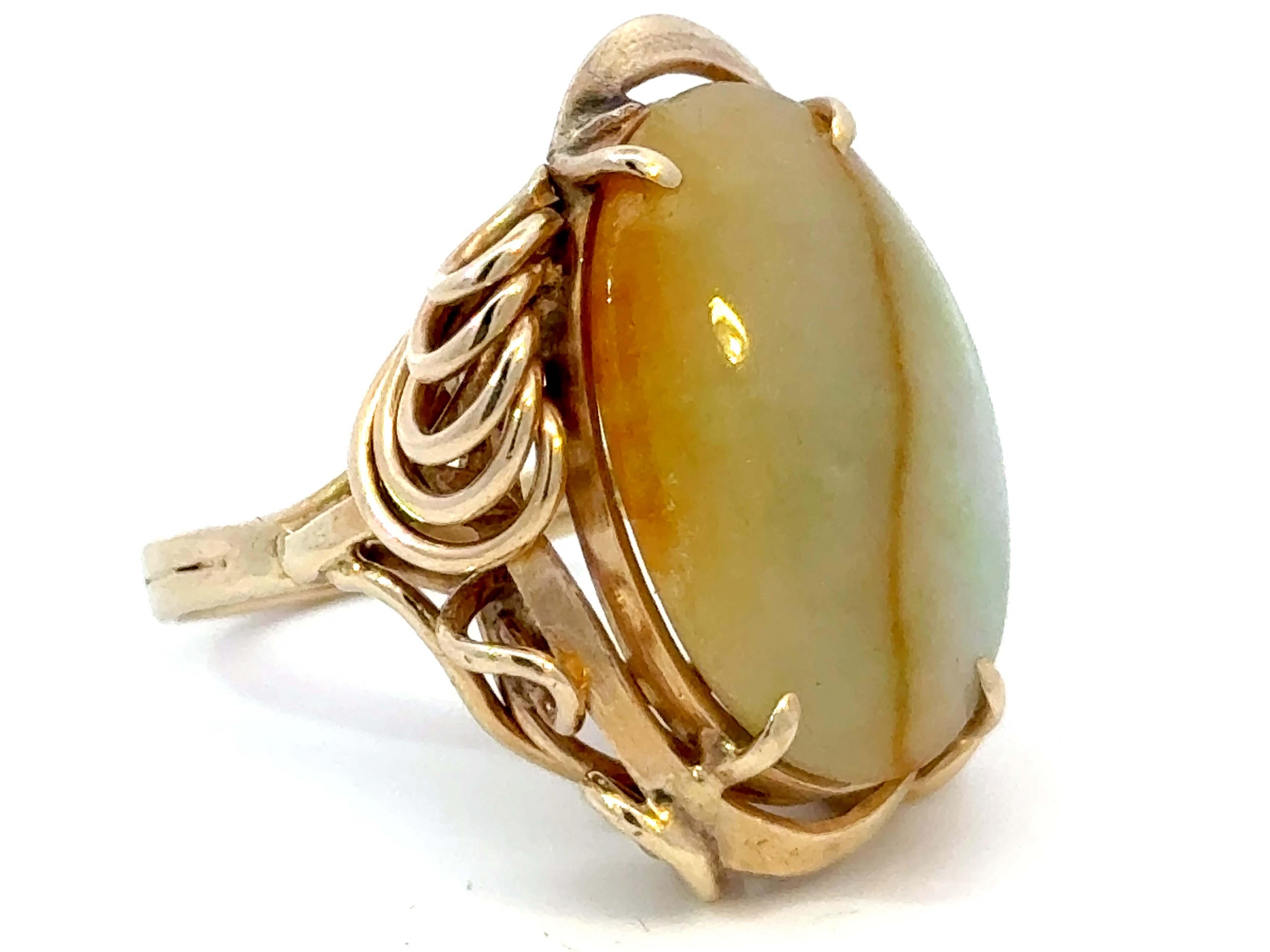 Modern Oval Pale Green and Brown Jade Ring 14k Yellow Gold For Sale