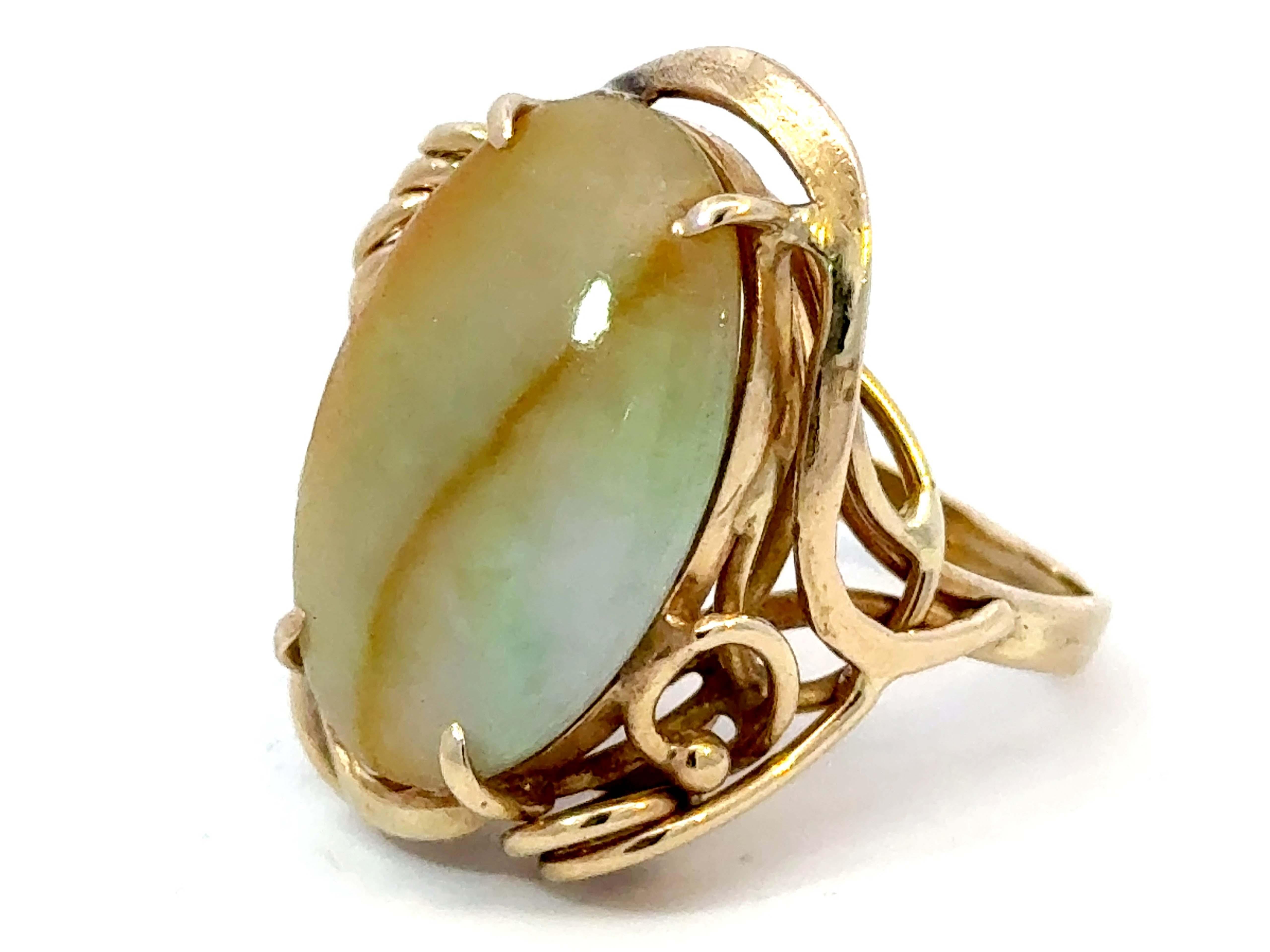 Oval Cut Oval Pale Green and Brown Jade Ring 14k Yellow Gold For Sale