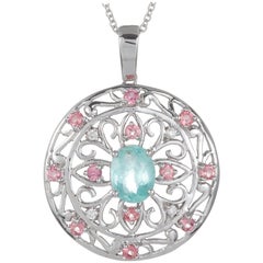 Oval Paraiba and Pink Tourmaline Halo Design Pendant 18 Karat Gold Medallion