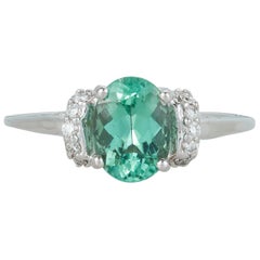 Oval Paraiba Tourmaline Diamond Accent Modern Engagement Ring 18 Karat Gold