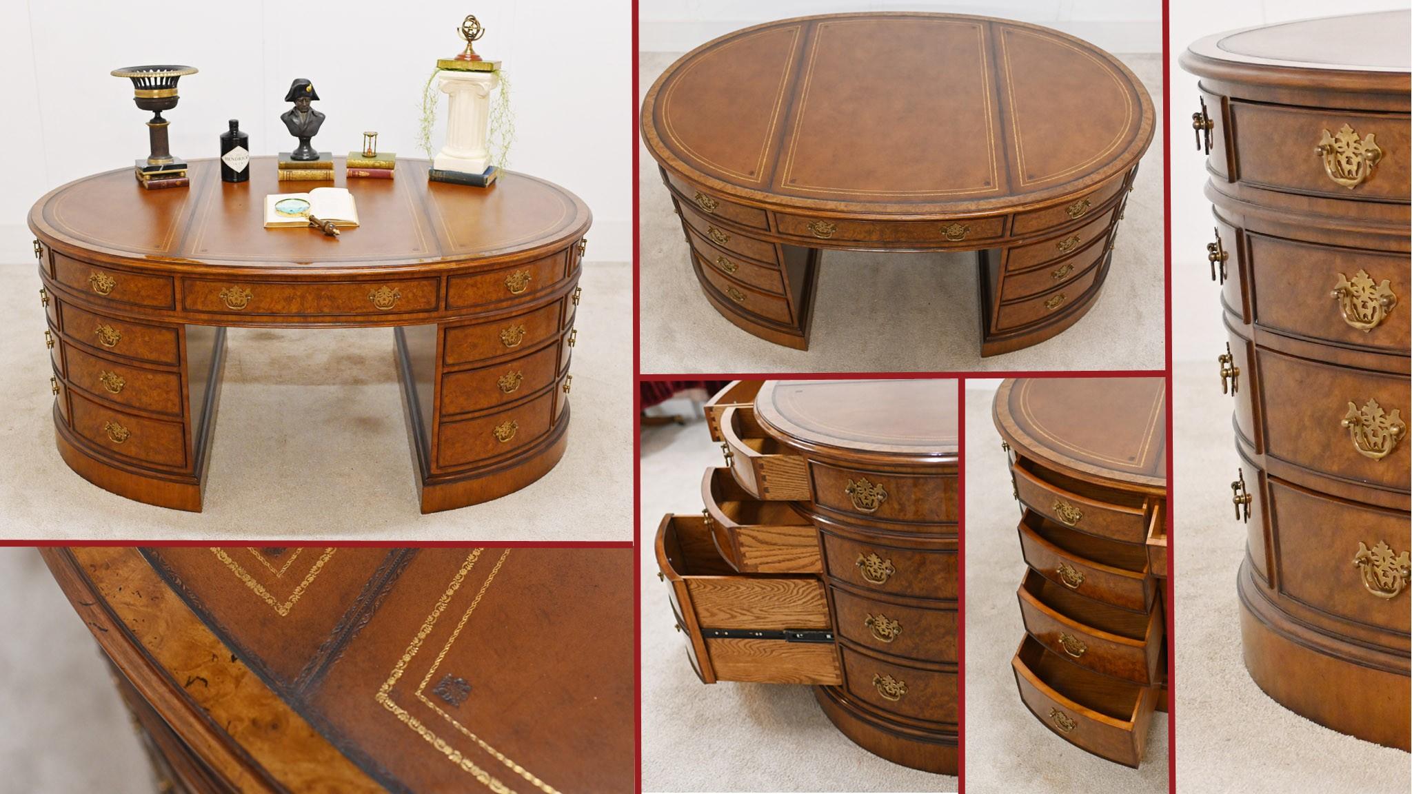 Gorgeous burr walnut oval partners desk in the Victorian manner
This is a true partners desk with drawers on both sides so plenty of storage
Great side so perfect for a home office set up
The oval form makes it very comfortable to sit at
One side