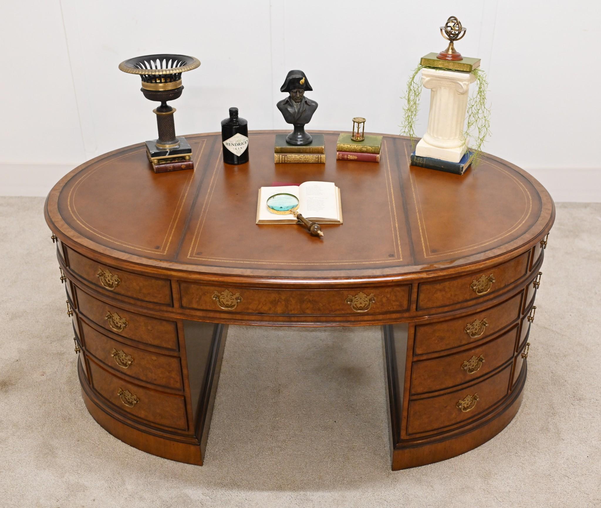 Late 20th Century Oval Partners Desk Victorian Walnut Office For Sale
