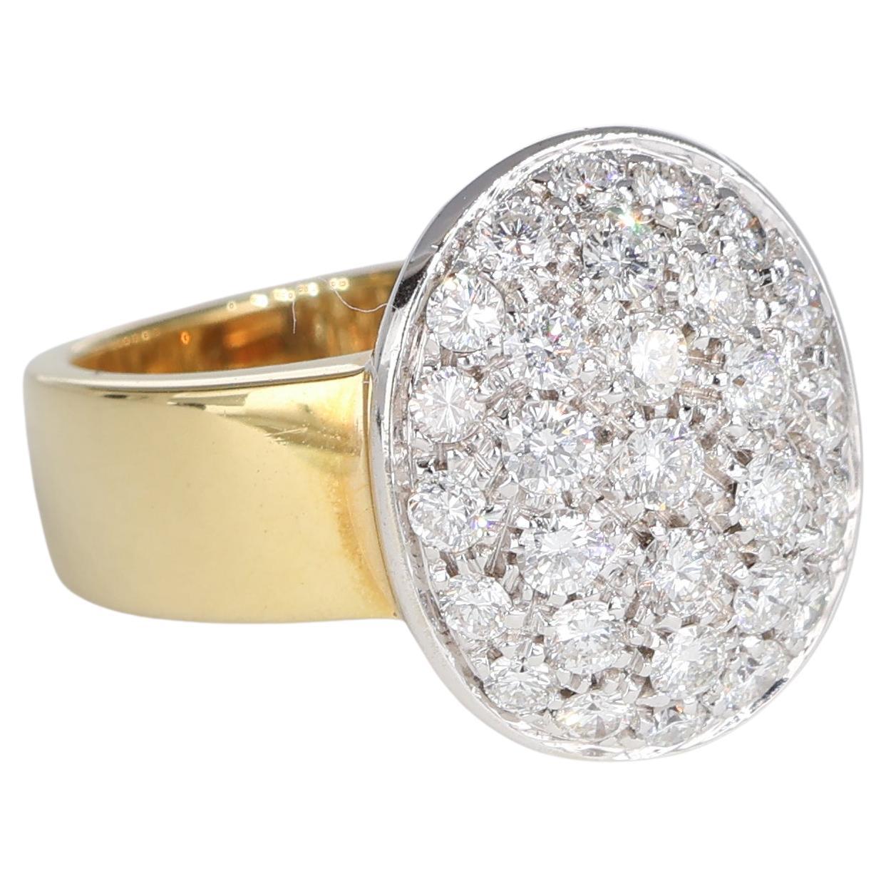 Oval Pavé White Diamond Vintage Ring, 1.15 Carats, Yellow and White Gold