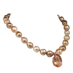 Oval Peach Morganite Pendant on Pearl Necklace June Birthstone