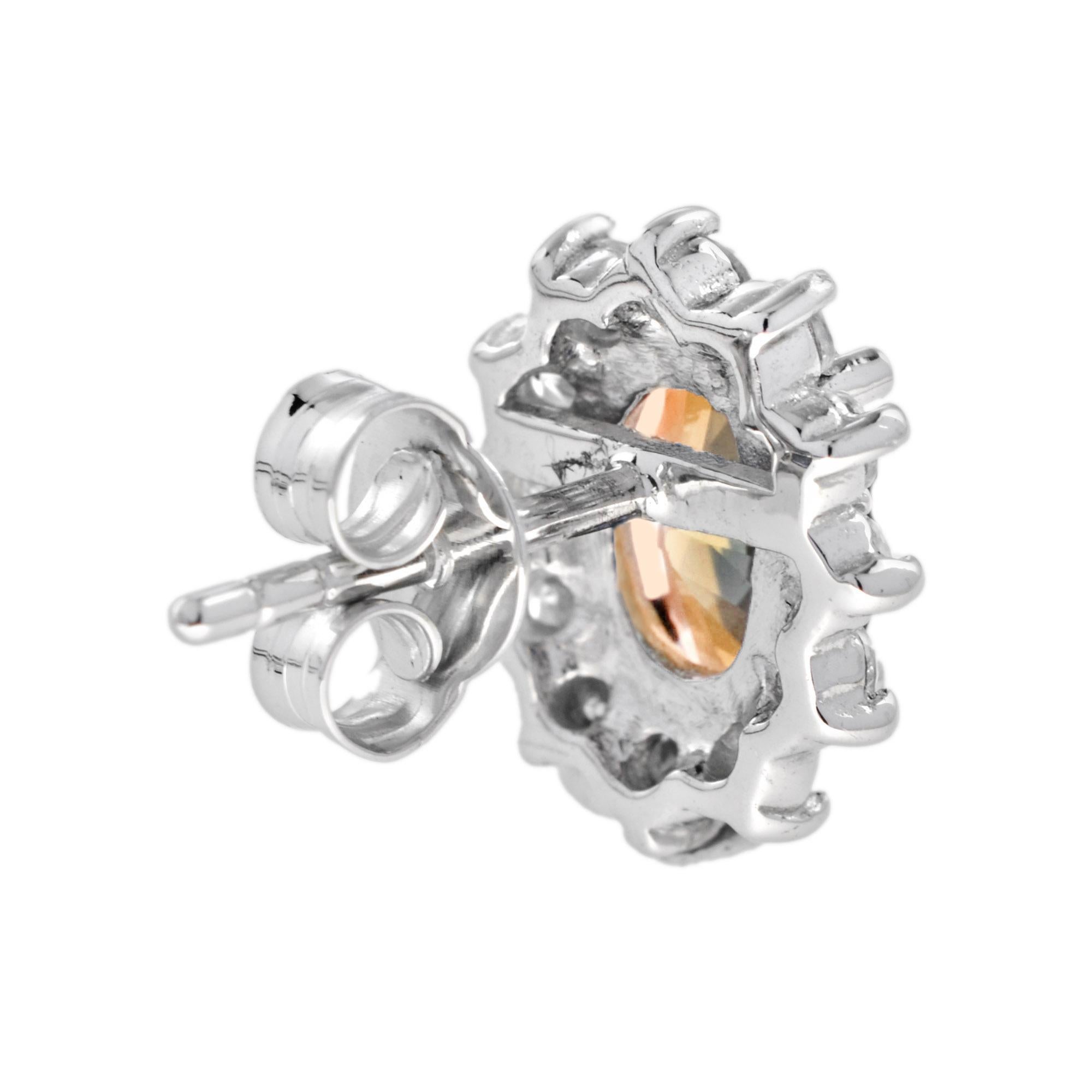 Oval Cut Oval Peach Orange Morganite & Diamond Halo Stud 14K White Gold Earrings For Sale