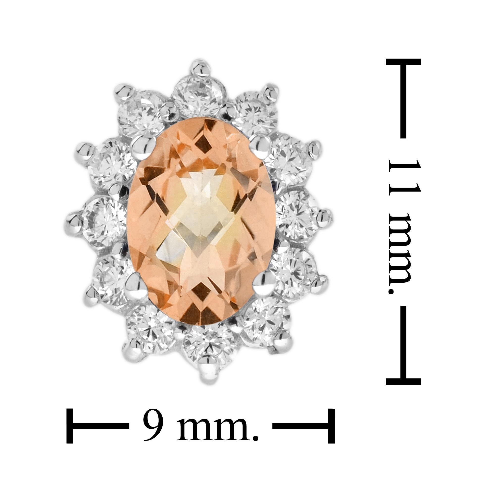 Oval Peach Orange Morganite & Diamond Halo Stud 14K White Gold Earrings In New Condition For Sale In Oakton, VA